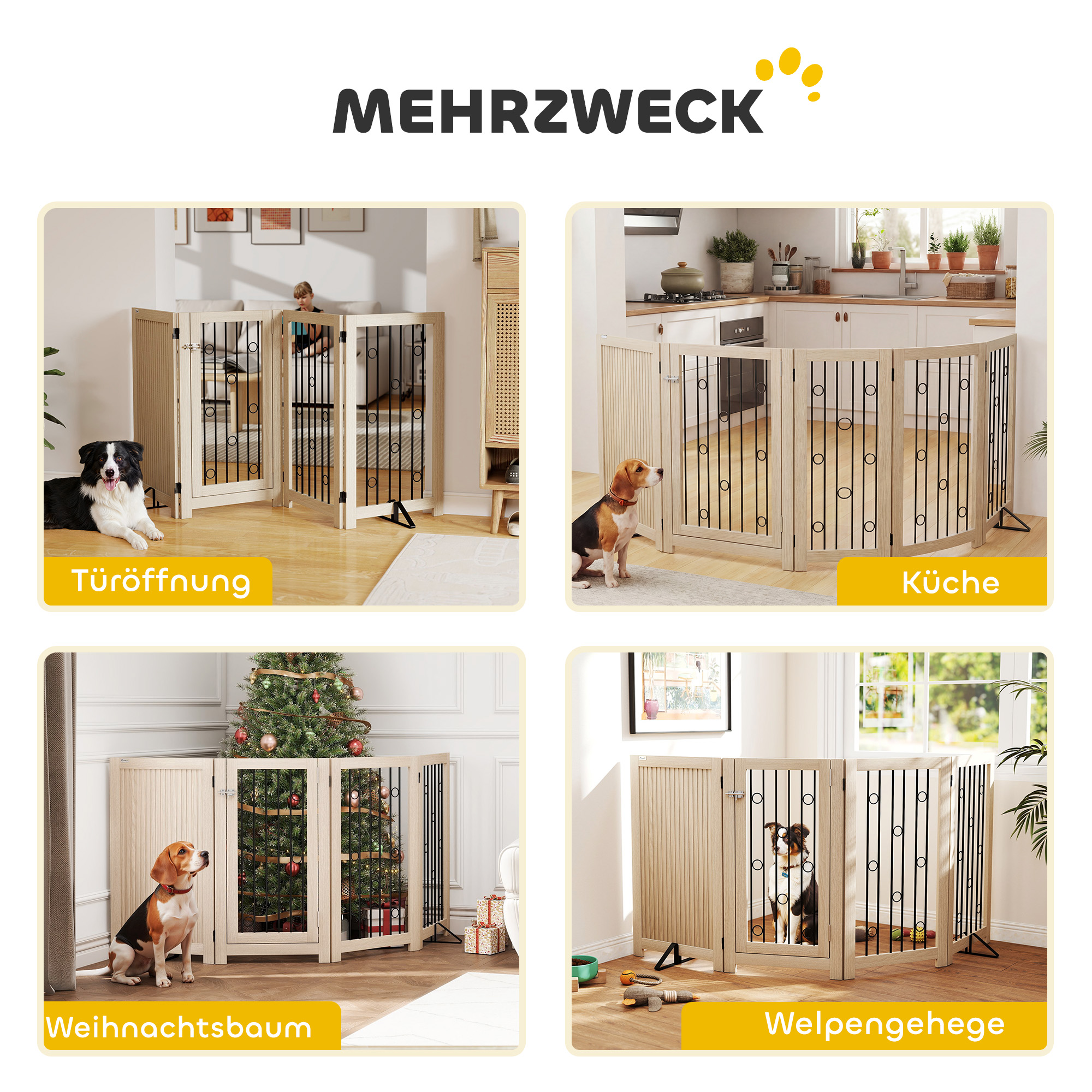 Freistehendes Haustiertor, Hundegitter mit Tür, 4 Paneele, für Flur, Treppe, Türrahmen, MDF, Stahl