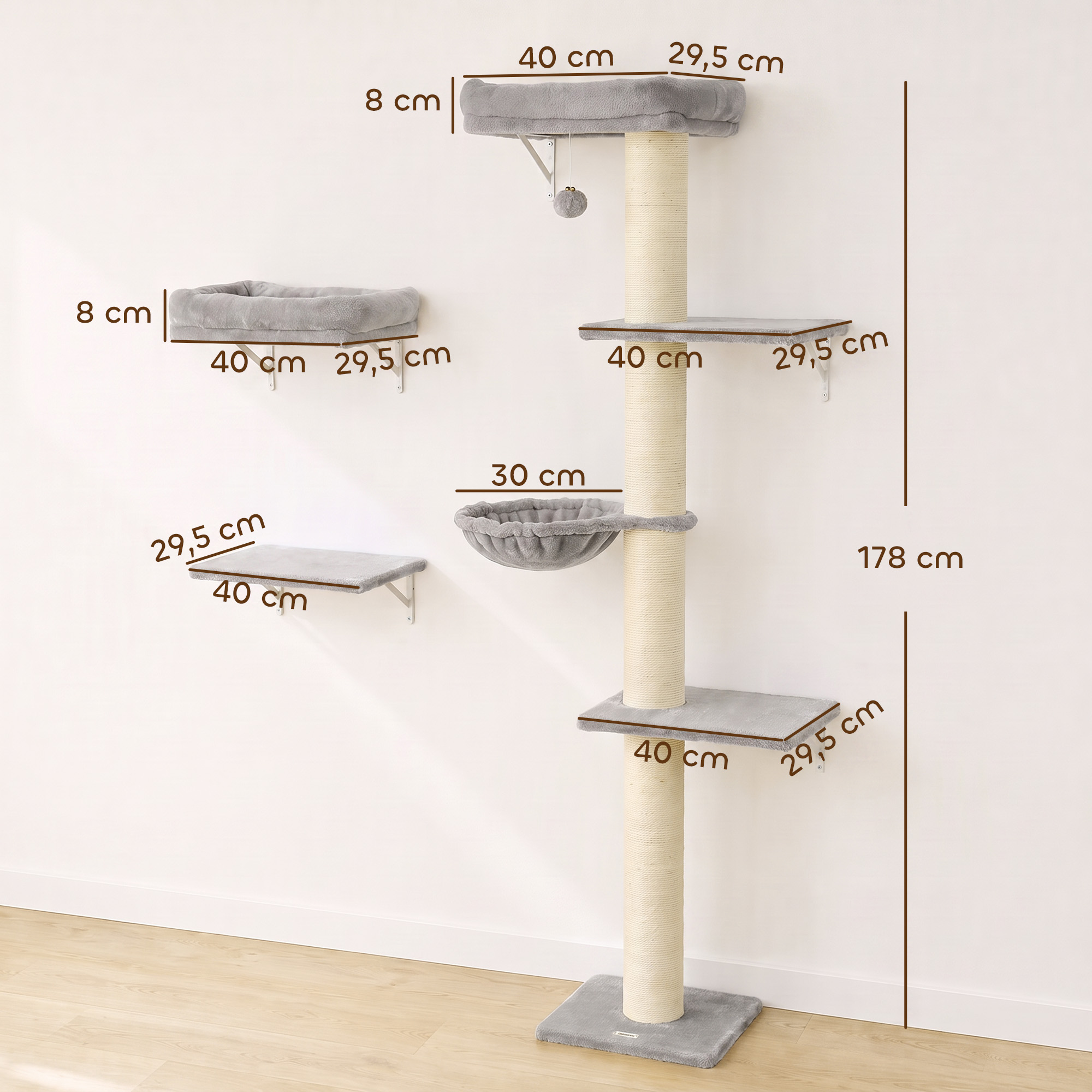 Kletterwand Katzen, 3-teilig Katzenkletterwand Set, Katzen Wandelemente mit Kratzbaum, Plattformen Hängematte