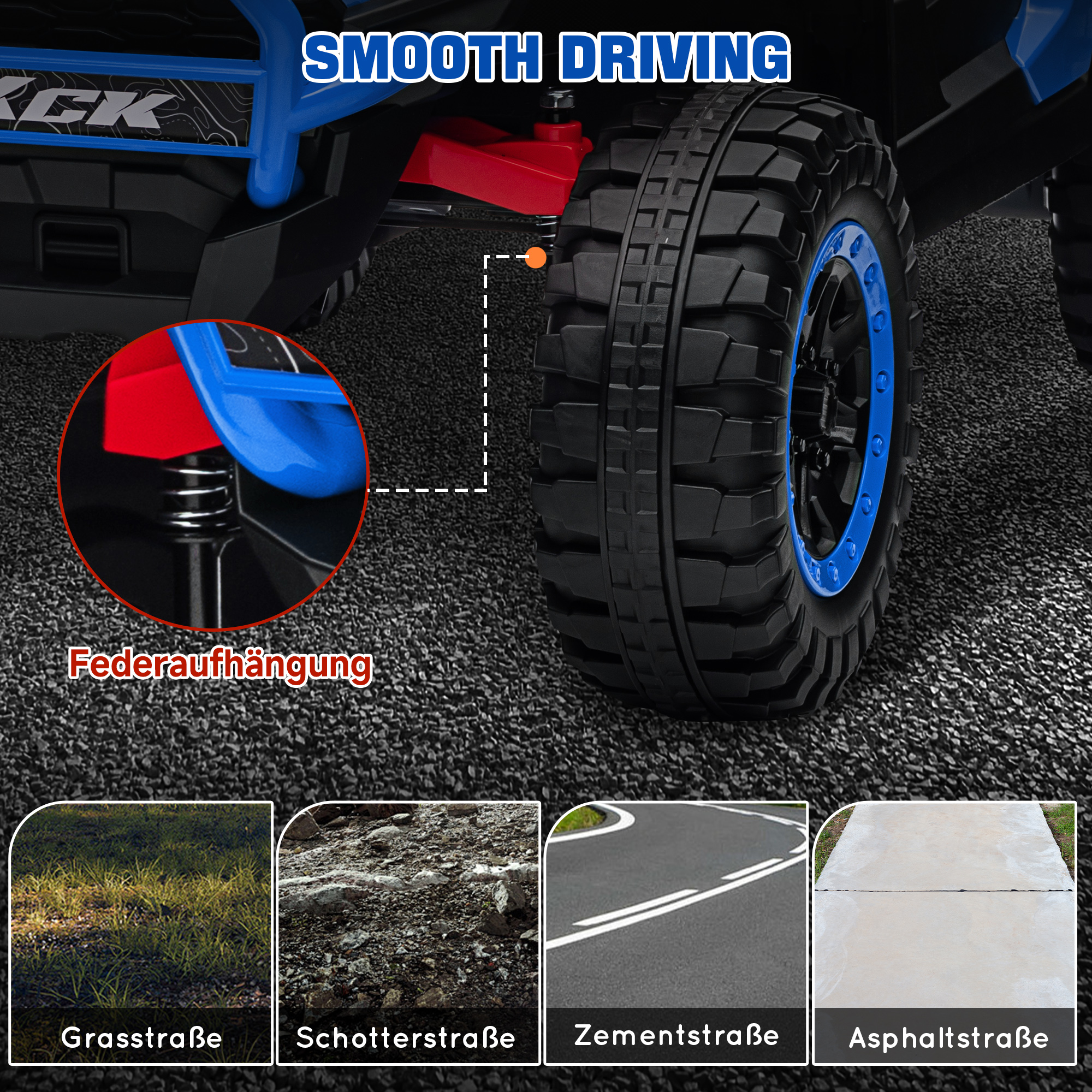 Kinderauto Elektro-UTV, 5-7 km/h, 2-Sitzer, Fernbedienung, Musik, Lichter, 1h Fahrtdauer, Blau