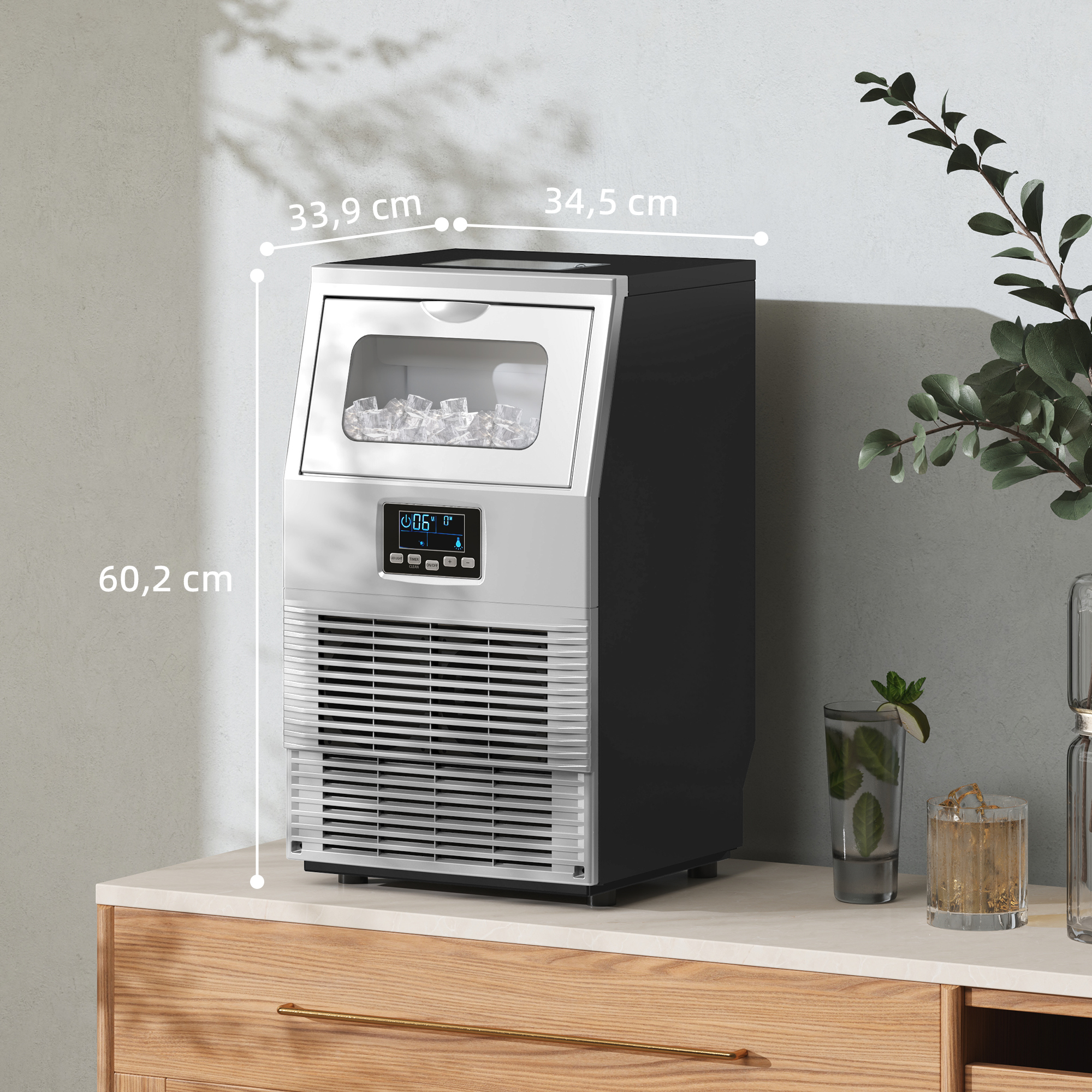 Eiswürfelmaschine, LED-Beleuchtung, leicht lesbare Anzeigen, mit Schaufel, Silber