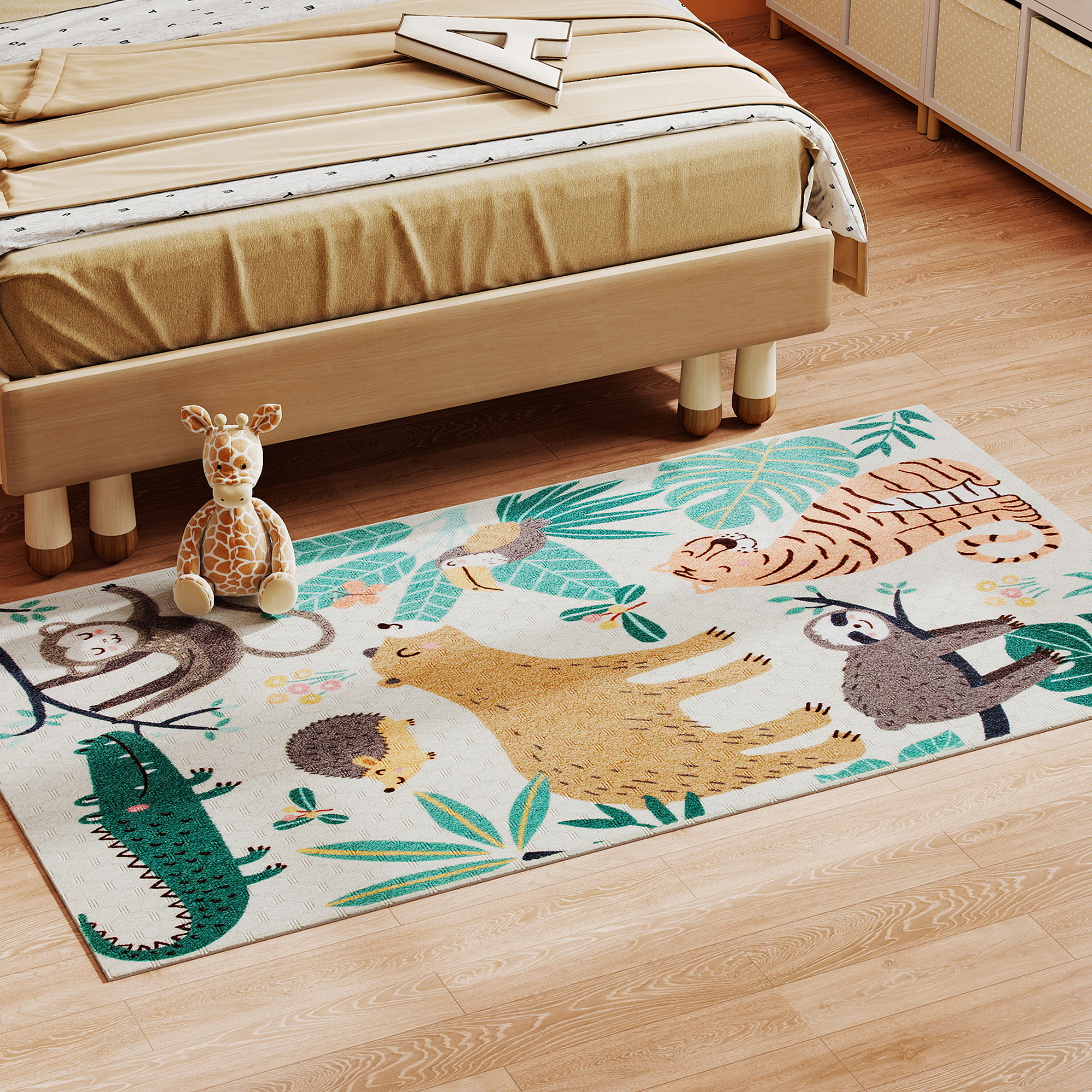 Fleece-Teppich mit Dschungel-Muster, pflegeleicht, Cremeweiß+Bunt