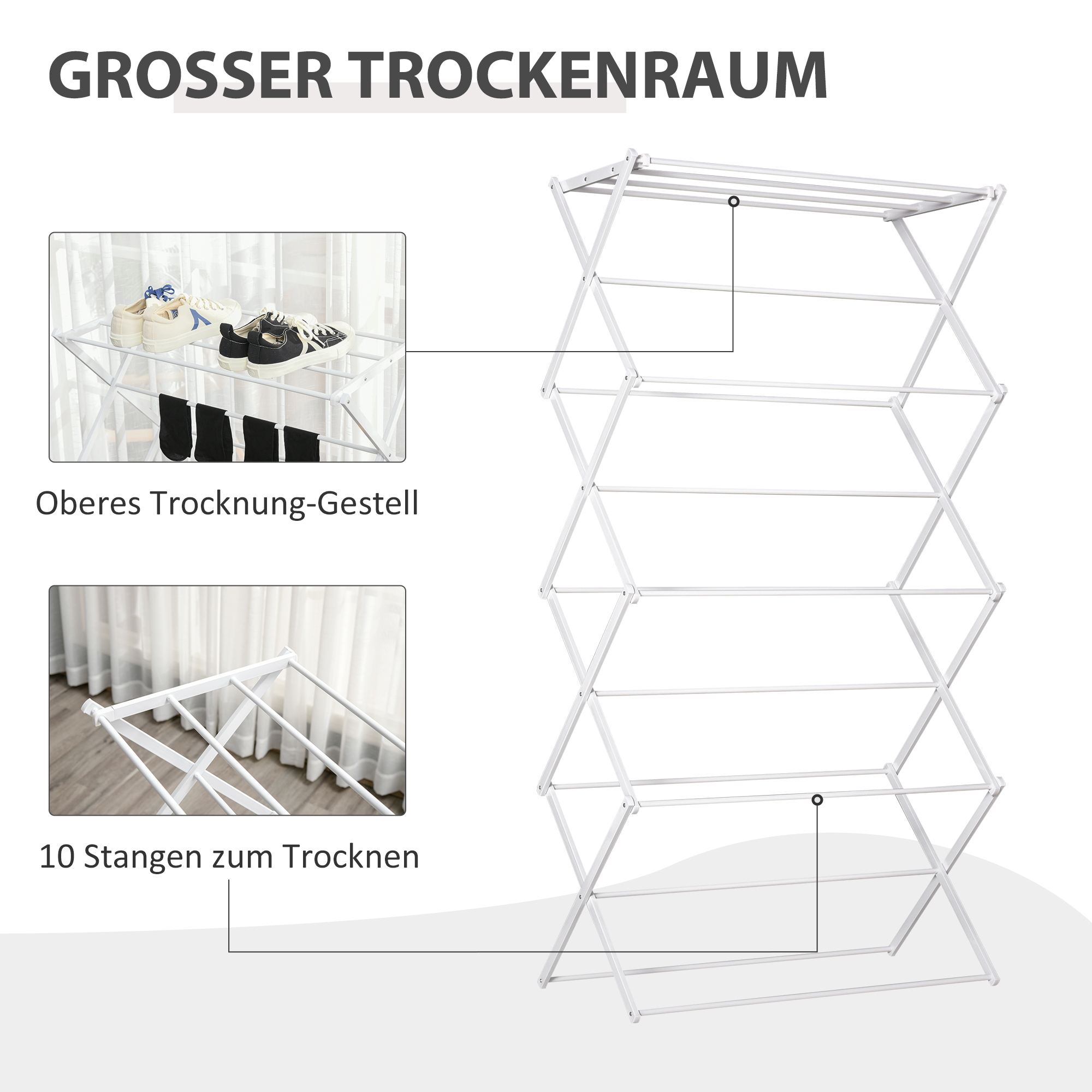 Wäscheständer faltbar 8-stufiger Trockengestell Turmtrockner Turmwäscheständer Trockenständer Metall Kunststoff Weiß 74 x 35 x 144 cm