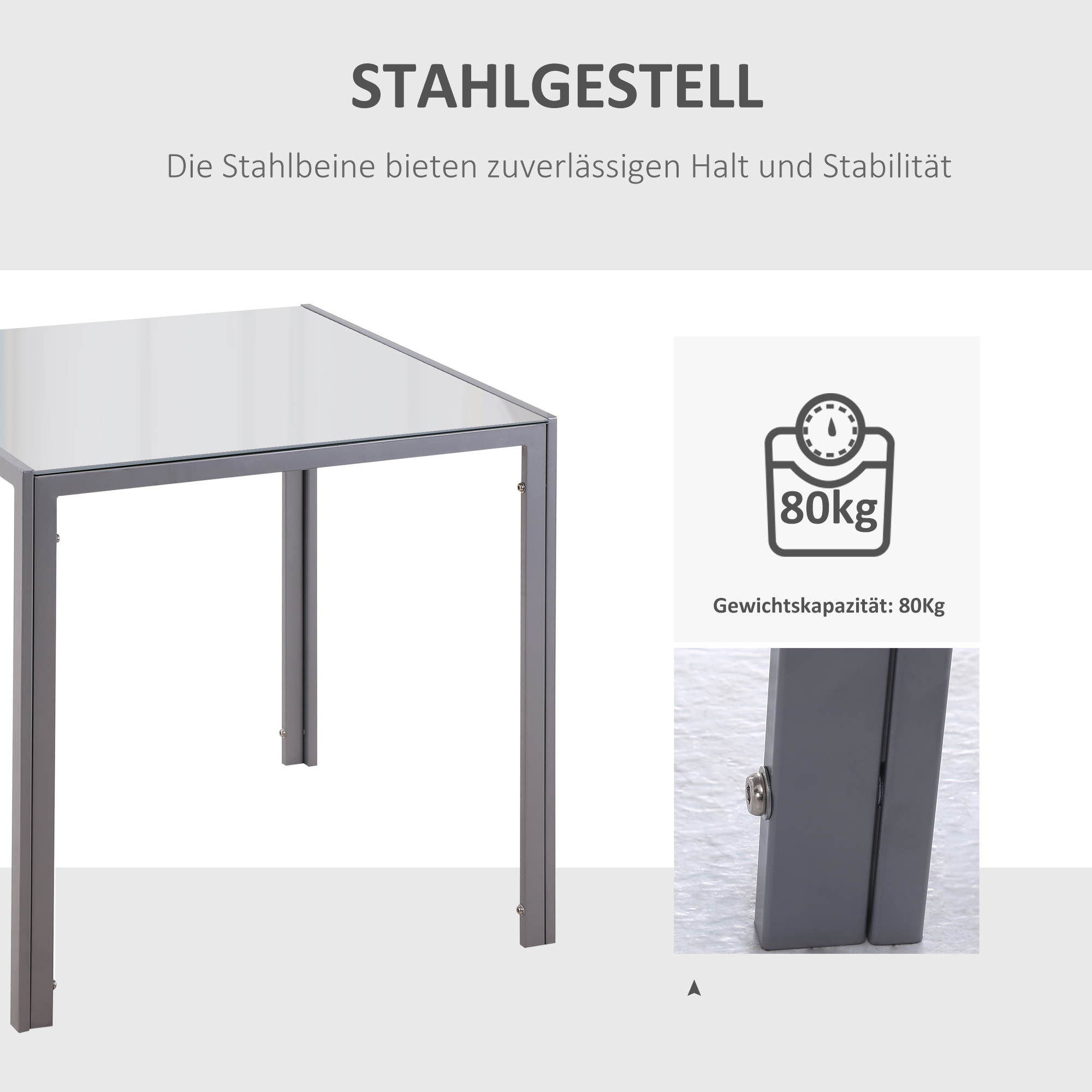 Esstisch Küchentisch Glastisch Quadratischer Tisch, Glasplatte, kompaktes Design, Grau