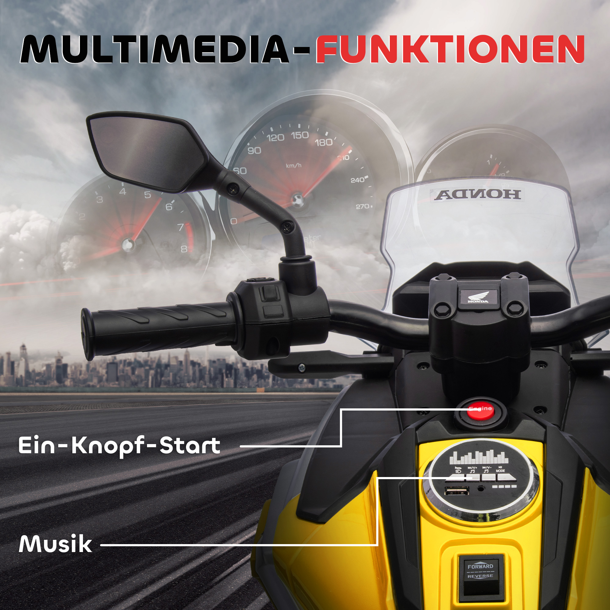 Elektro-Kindermotorrad, Honda, 3 km/h, Musik & Licht, 3-6 Jahre, bis 30 kg, Gelb