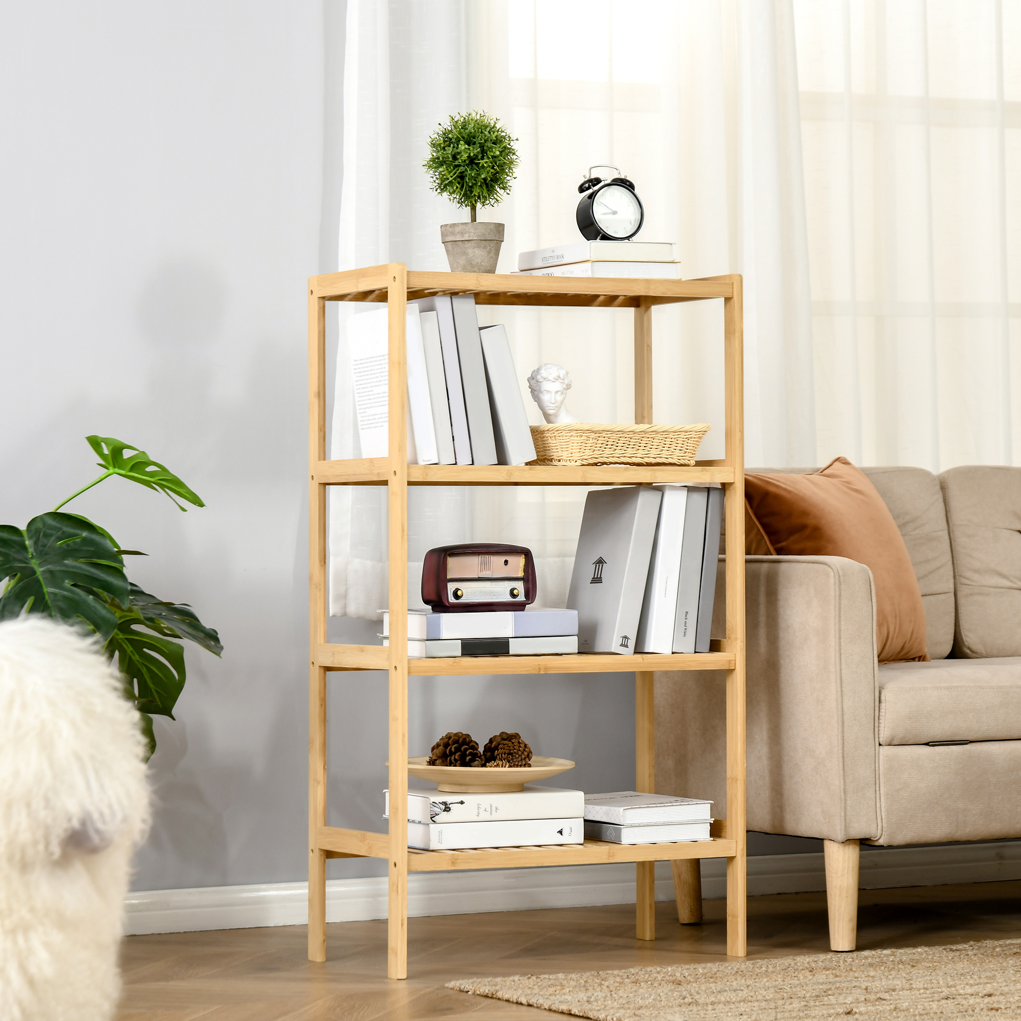 Standregal Bücherregal 4-stufiges Bambusregal Büroregal Lagerregal Aktenregal Küchenregal für Bad Küche Wohnzimmer Schlafzimmer Bambus Natur 62 x 33 x 112 cm
