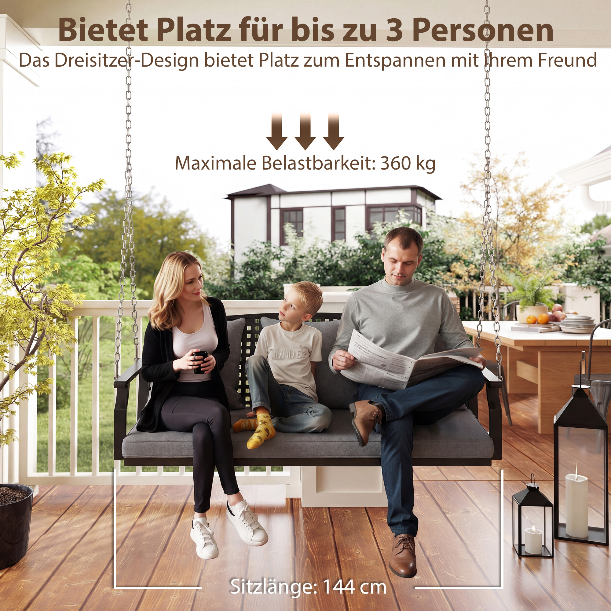 3-Sitzer Veranda-Schaukel, Gartenschaukelbank mit 3 Rückenkissen, Sitzkissen, Hängevorrichtung, Grau