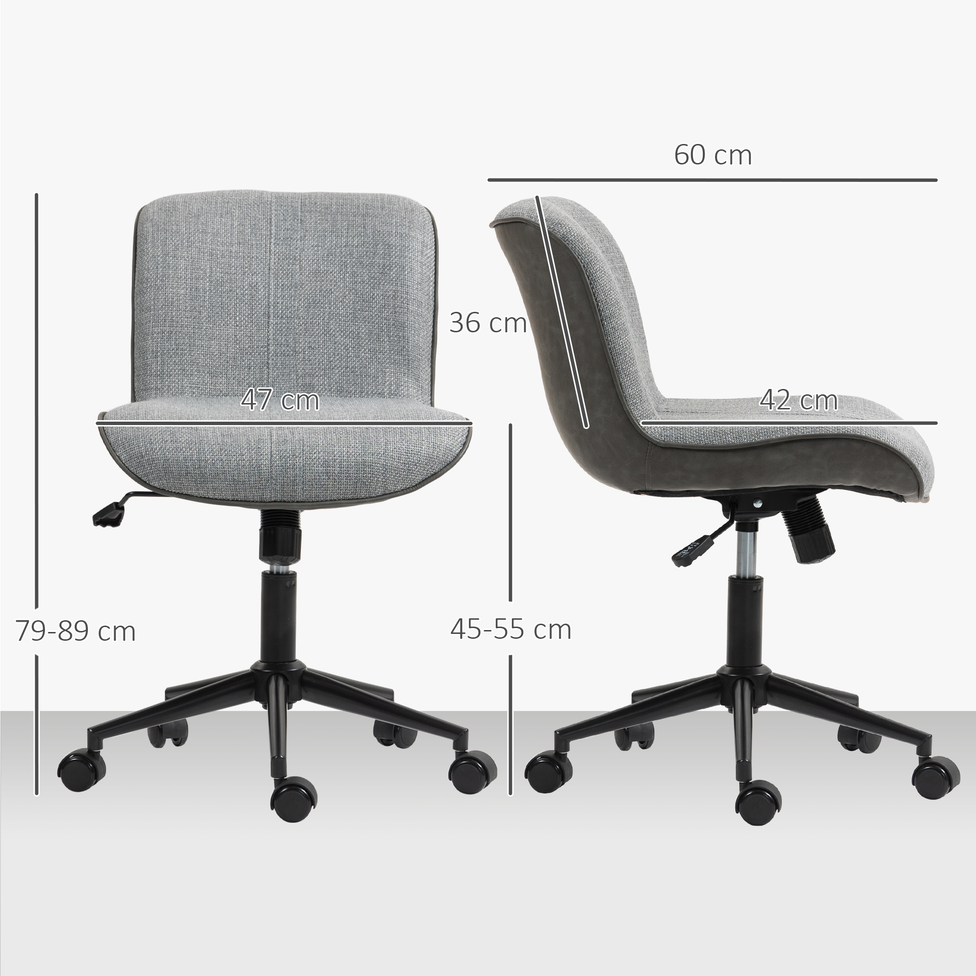 Armloser Bürostuhl, gepolstert, höhenverstellbar, drehbar, rollbar, Grau