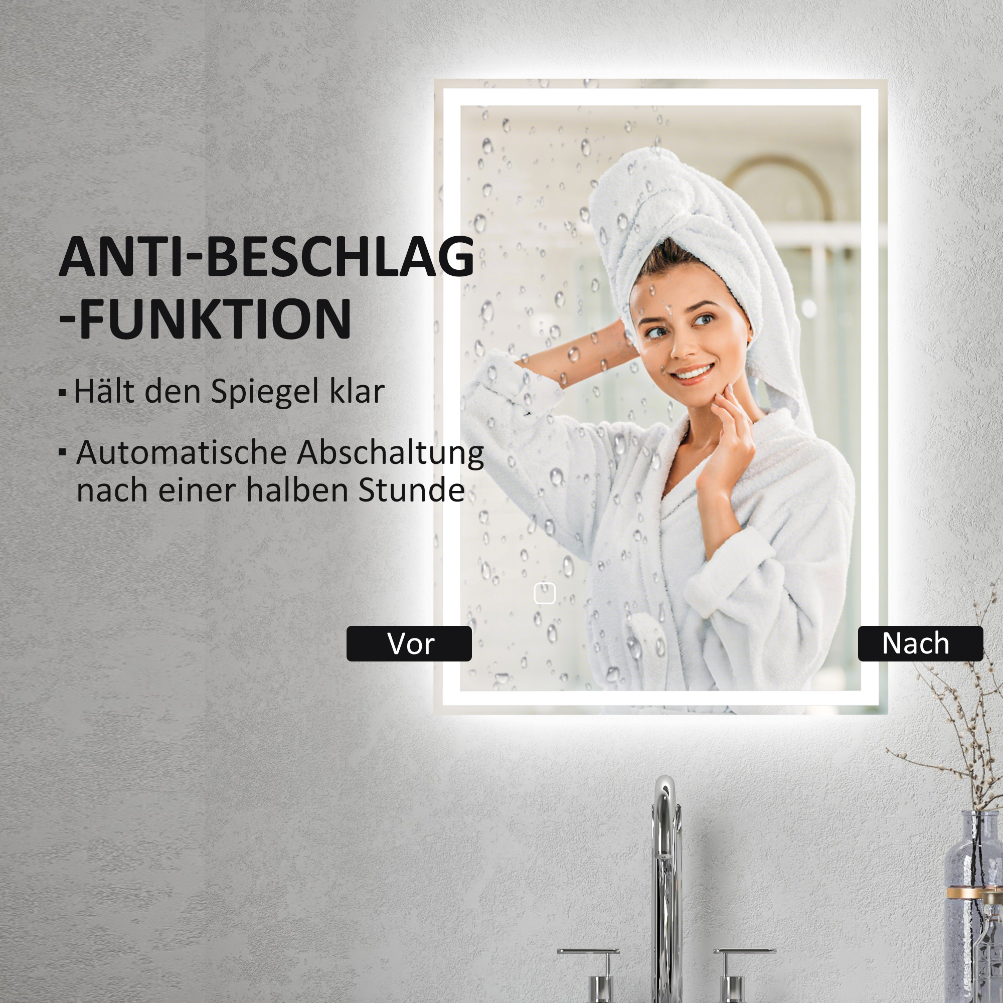 Badspiegel Badezimmerspiegel Wandspiegel LED´s. Berührungsschalter, Weiß