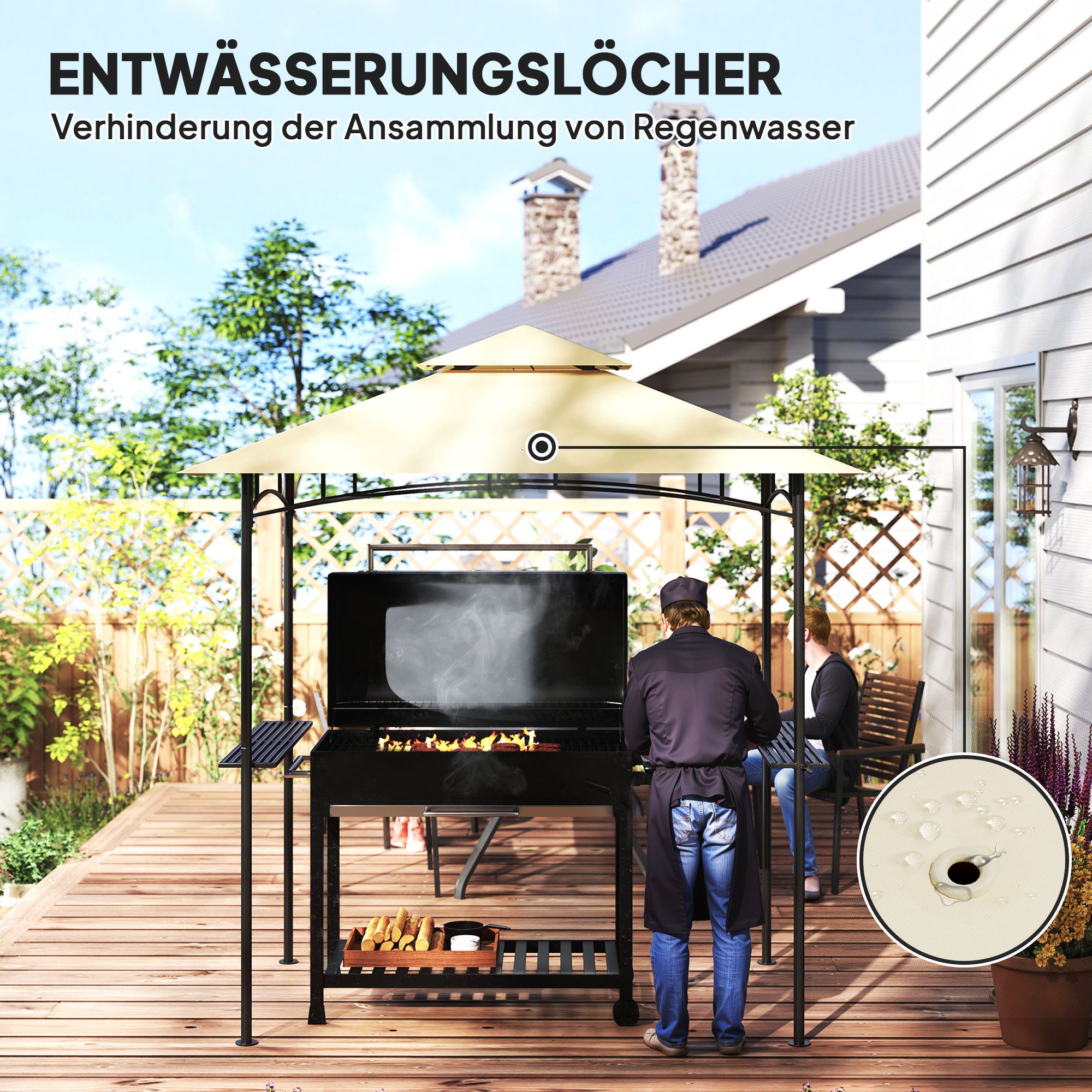 Grillpavillon mit LED 240 x 150 x 258 cm wasserabweisend flammhemmend Gartenpavillon mit Doppelschichtdach