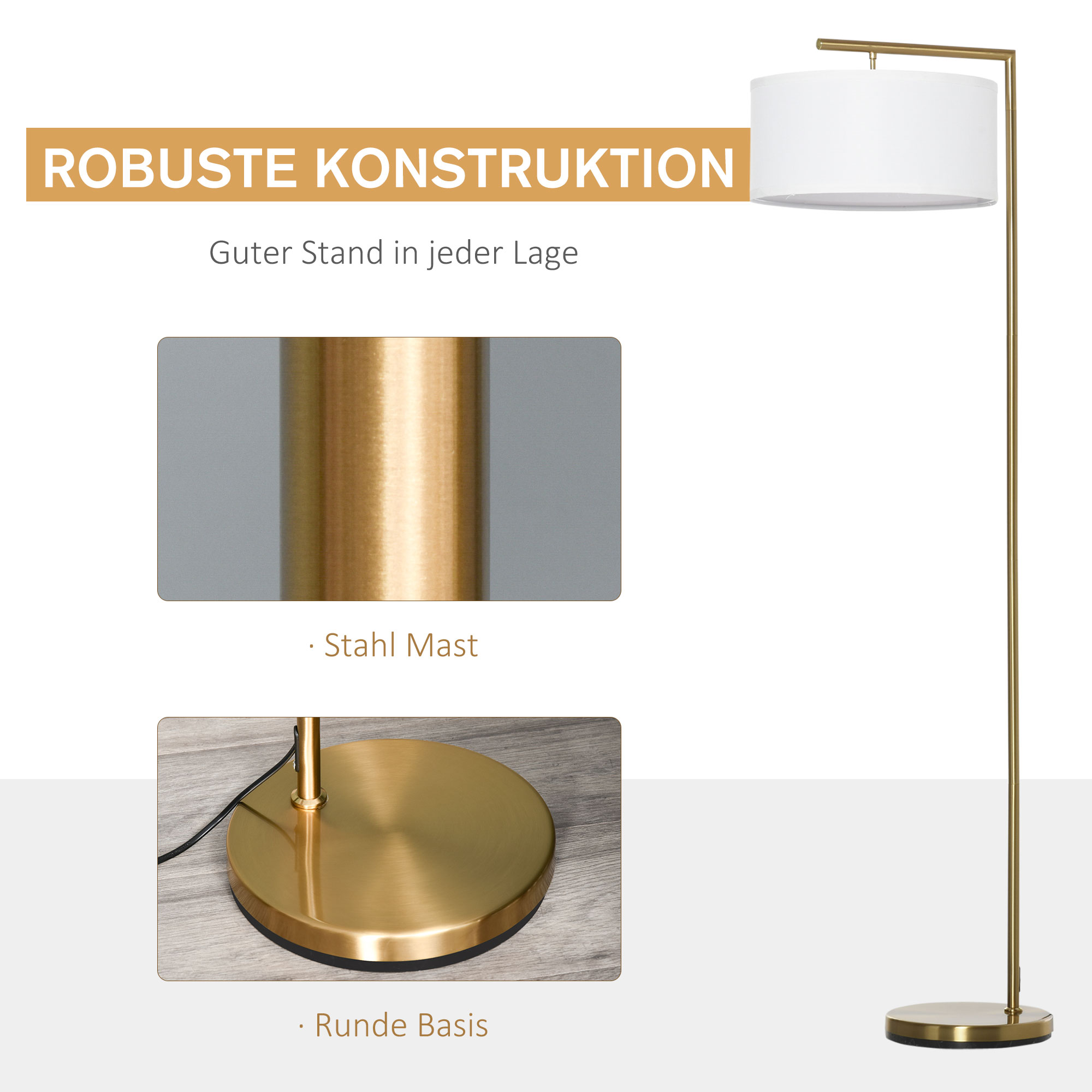 Stehleuchte, Stehlampe, E27 Sockel, Goldoptik, weißer Stoffschirm, Fußschalter, Stahl, 47 x 37 x 153 cm