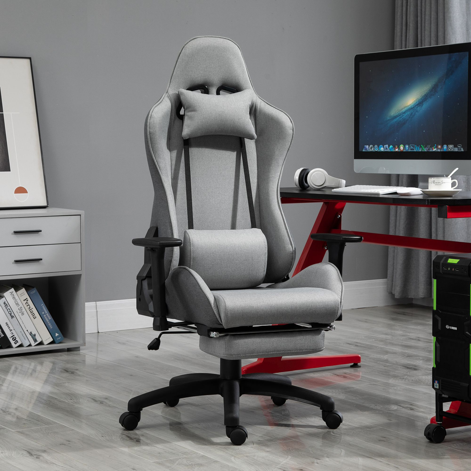 Bürostuhl Computerstuhl Drehstuhl mit abnehmbarem Kopf- und Lendenkissen Wippenfunktion ergonomischer Schreibtischstuhl drehbar höhenverstellbar mit Fußstütze PP Grau 73x57x127-135 cm