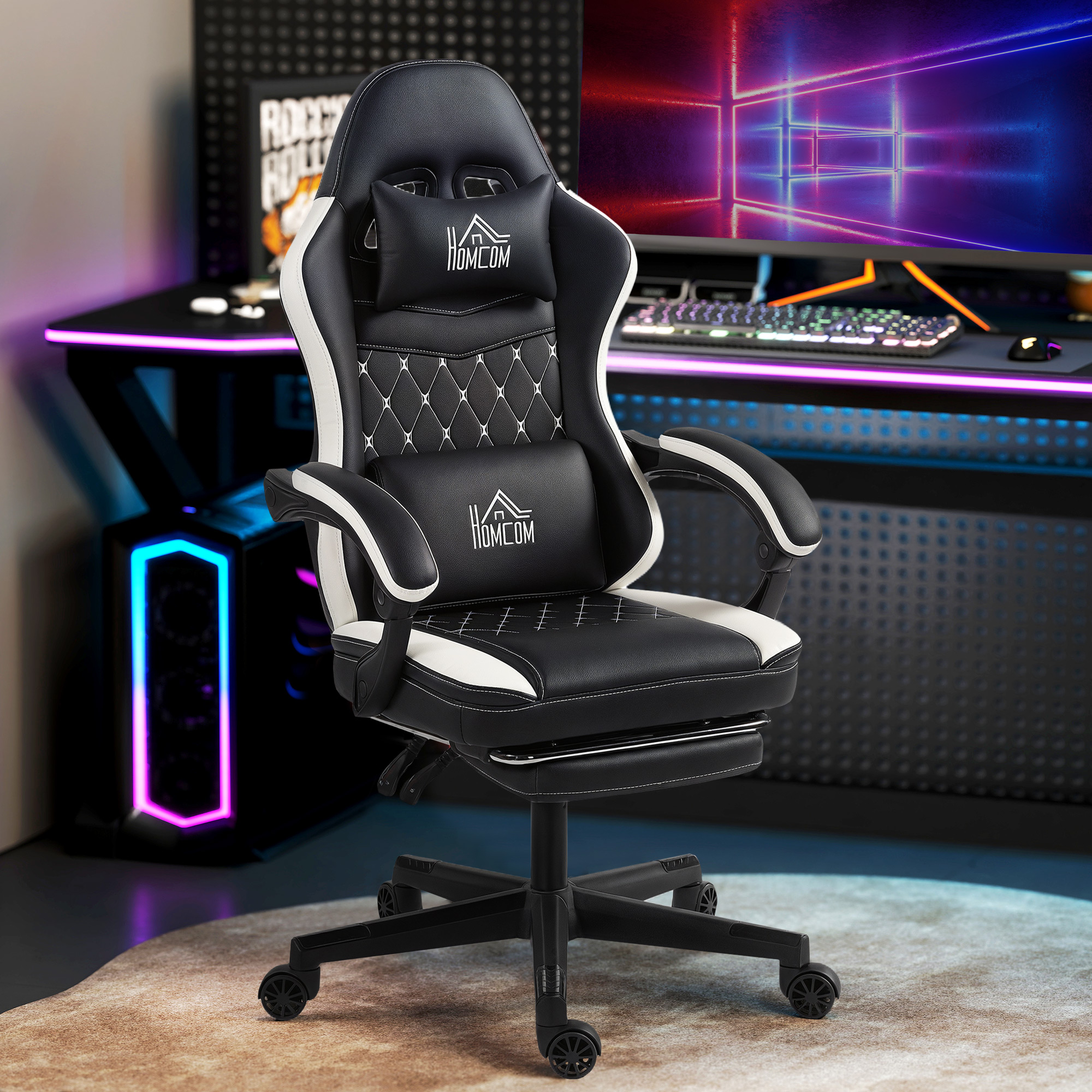 Gaming-Stuhl mit Fußstütze, Computerstuhl mit Kopfstütze & Kissen, Kunstleder-Bezug, drehbar, höhenverstellbar, Metall, Kunststoff, Schwarz+Weiß