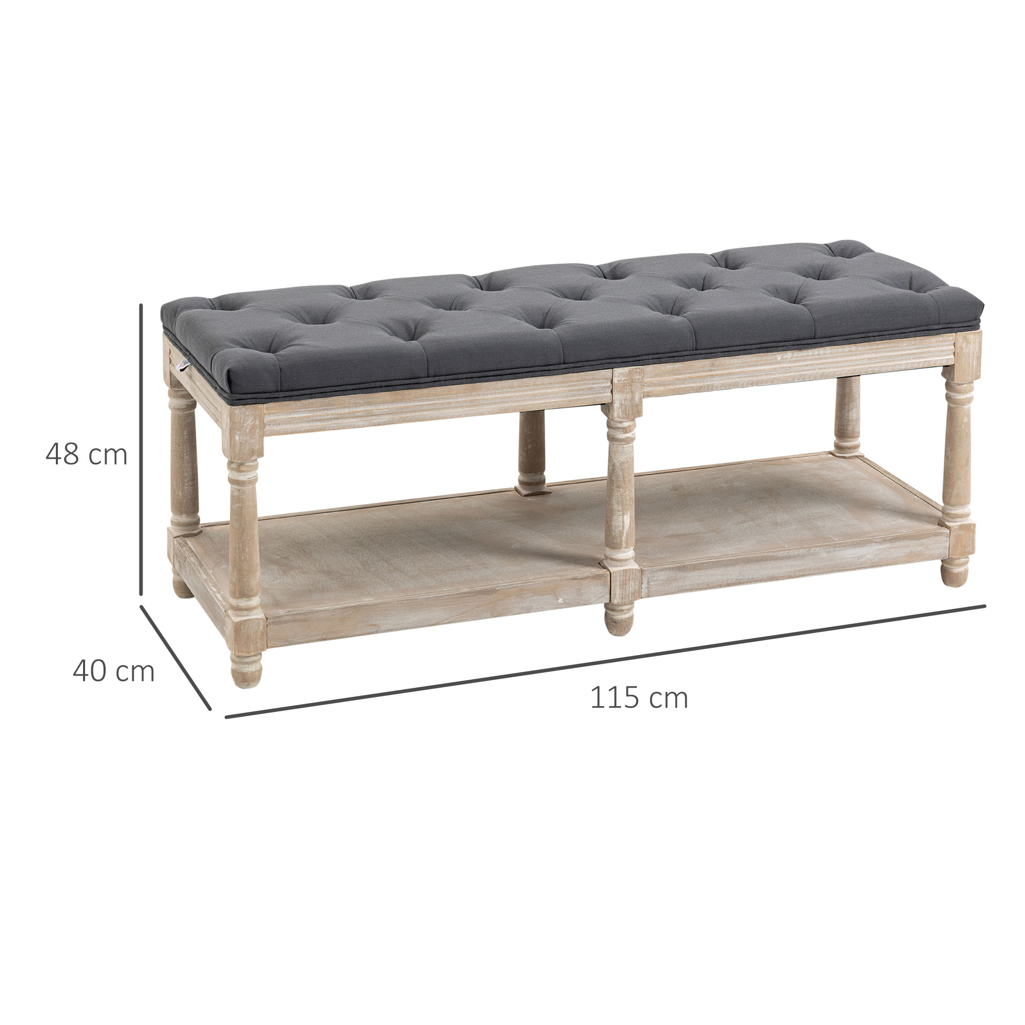 Sitzbank mit Stauraum, Vintage-Design, Knopfheftung, Kautschukbaumholz, 115x40x48cm, Grau