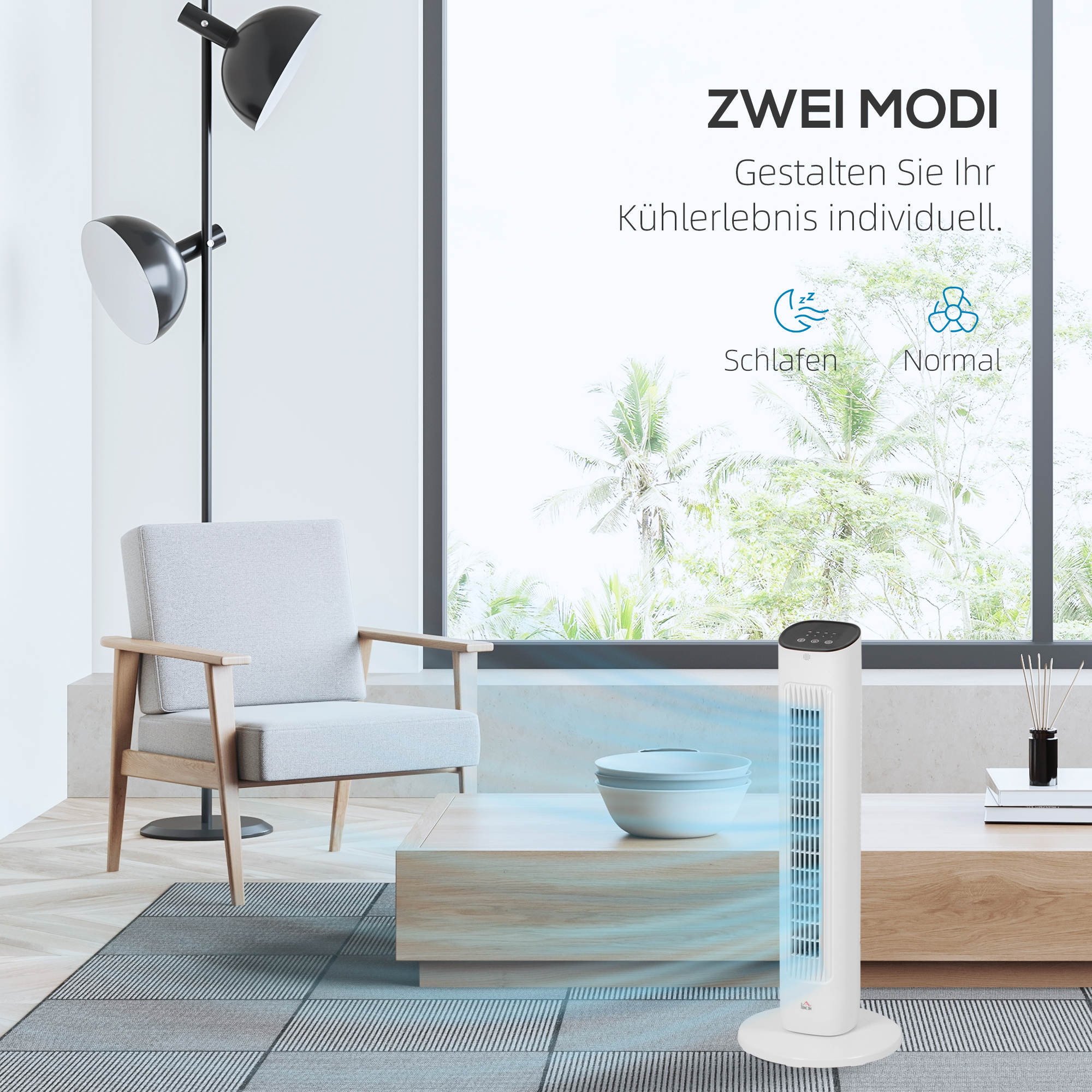 85° oszillierender Turmventilator mit Fernbedienung 3 Geschwindigkeiten 2 Modi Timer LED-Display 30x30x78 cm Weiß