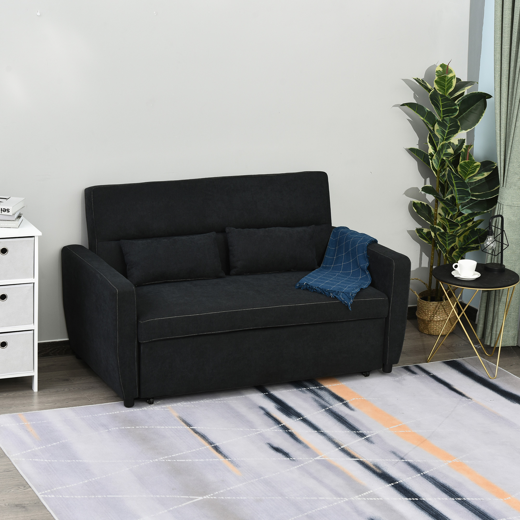 2-Sitzer Sofa mit Bettfunktion, verstellbarer Rückenlehne, Polstersofa, Samtoptik, für Wohnzimmer, Schlafzimmer, Schwarz