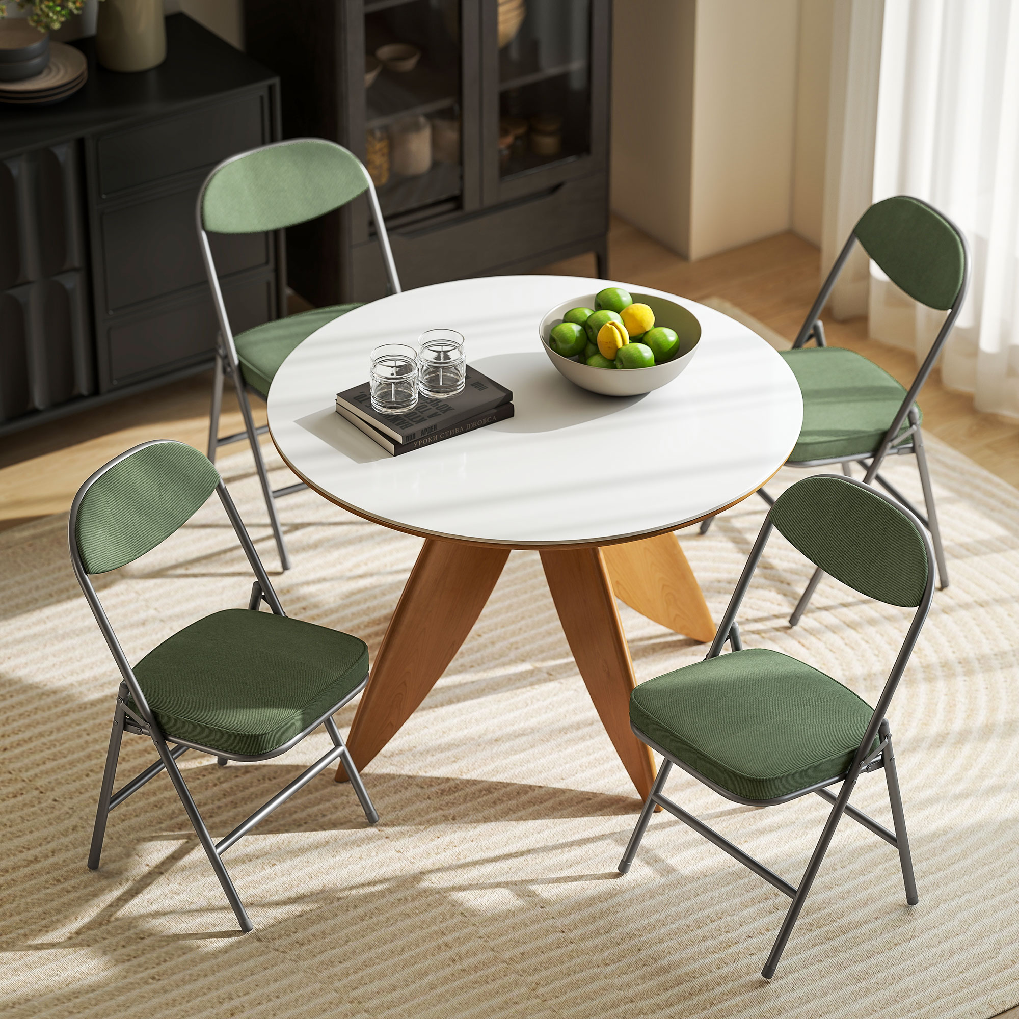 4er-Set gepolsterte Klappstühle, Faltbare Stühle mit Cordbezug, Rückenlehne, Metallrahmen, Grün