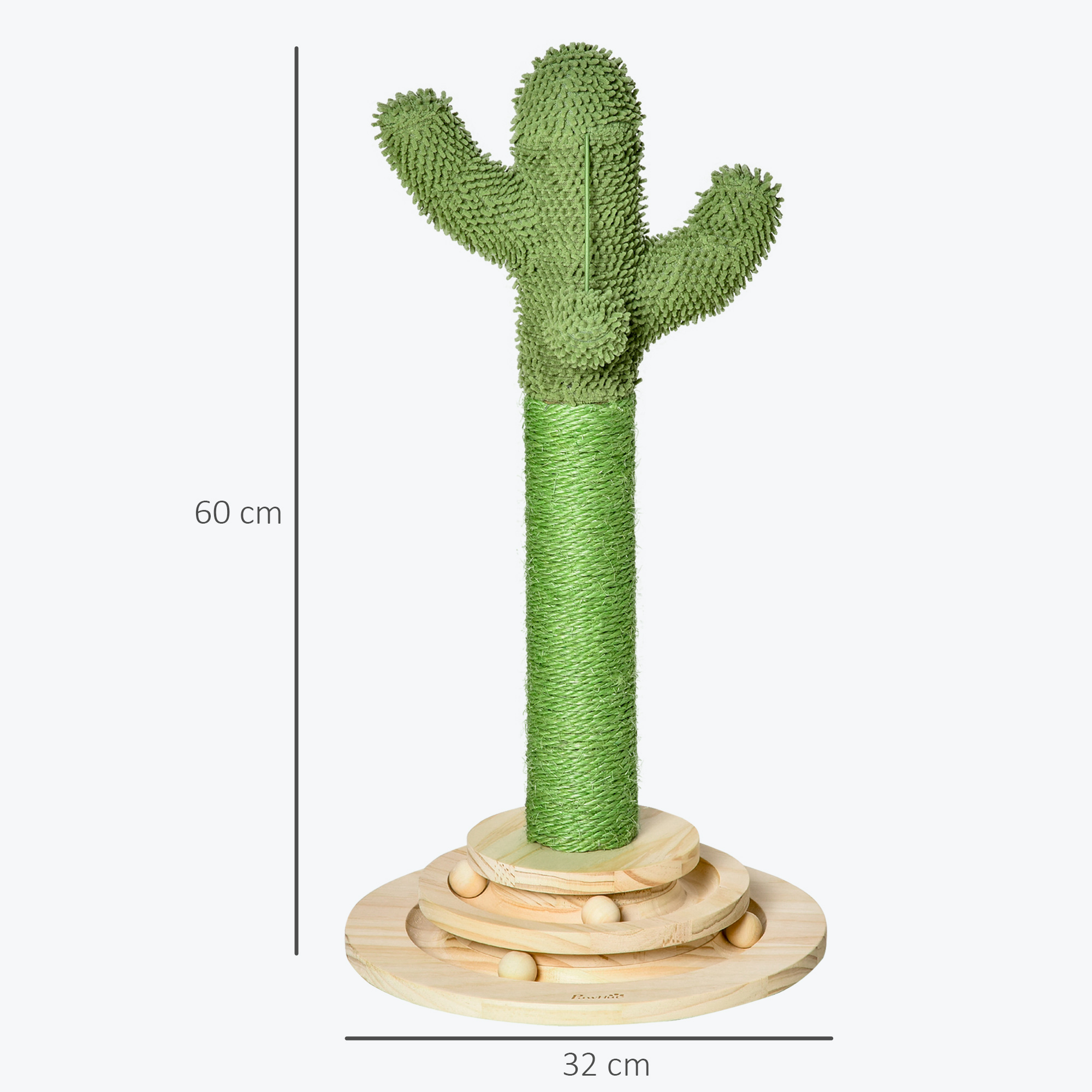 Katzen Kratzbaum Kaktus Katzenbaum Kiefernholz Sisal Seil Kratzstamm mit Holzkugel-Katzenspielzeug für Katzen 60 cm Hoch Grün+Natur