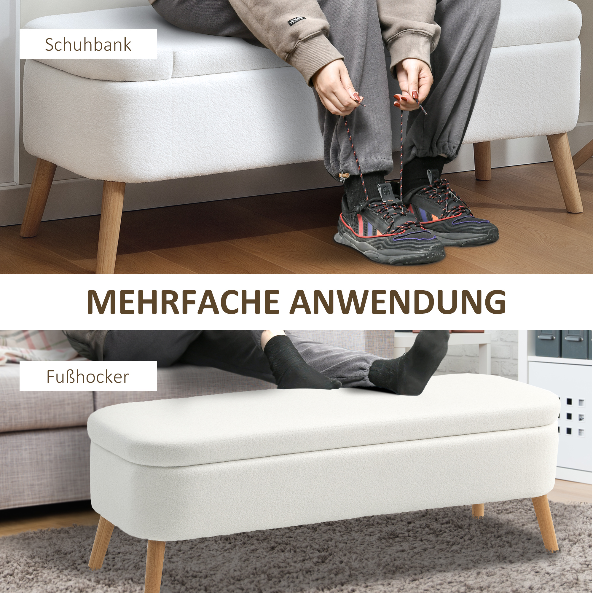 Aufbewahrungshocker, Sitzhocker mit 65 L Stauraum, Fußhocker, Fleece-Stoff, Kautschukholz, Schaumstoff, 120 x 42 x 45 cm, Cremeweiß