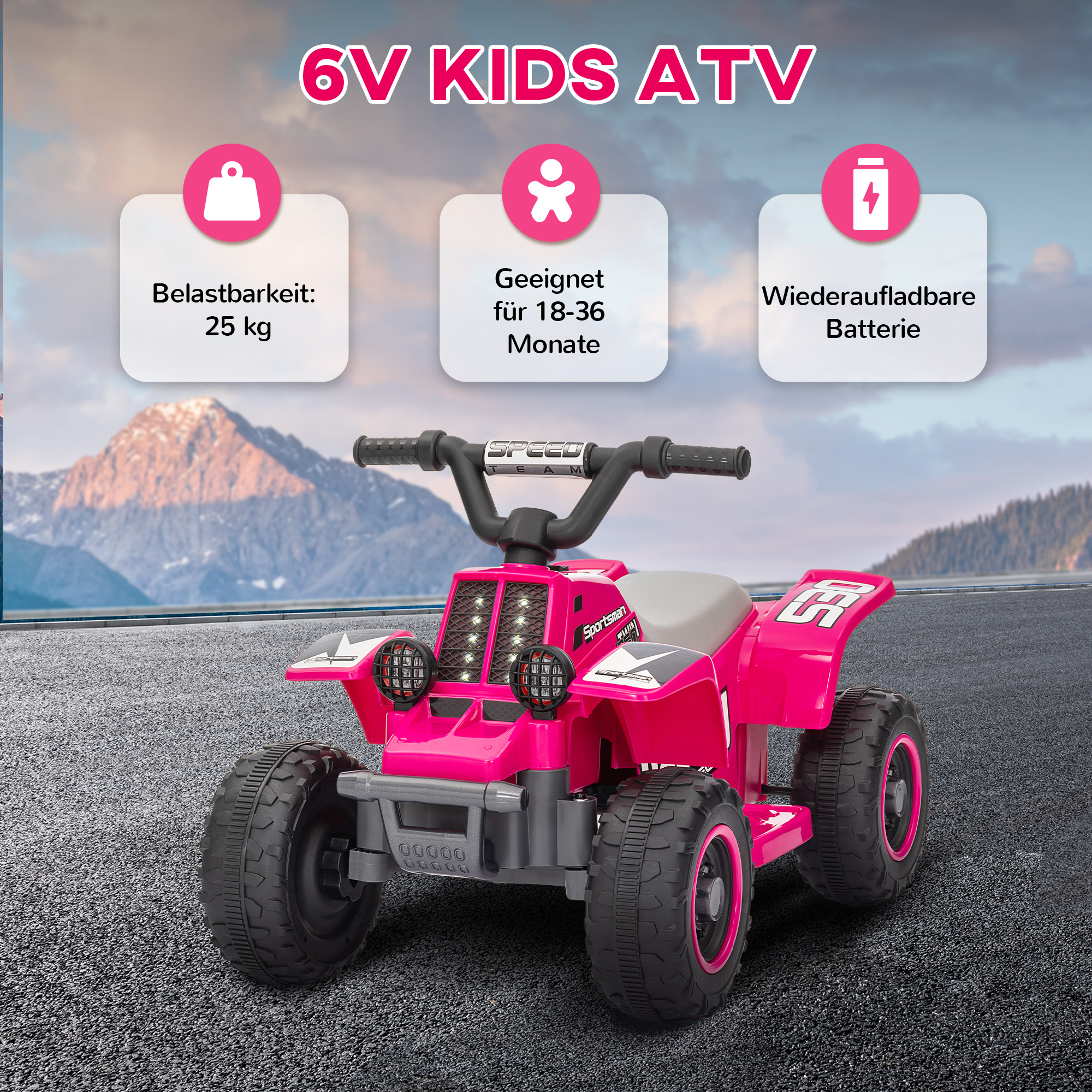 Quad Bike für Kinder, batteriebetrieben, fährt vorwärts und rückwärts, LED-Lichter, 18-36 Monate, Rosa