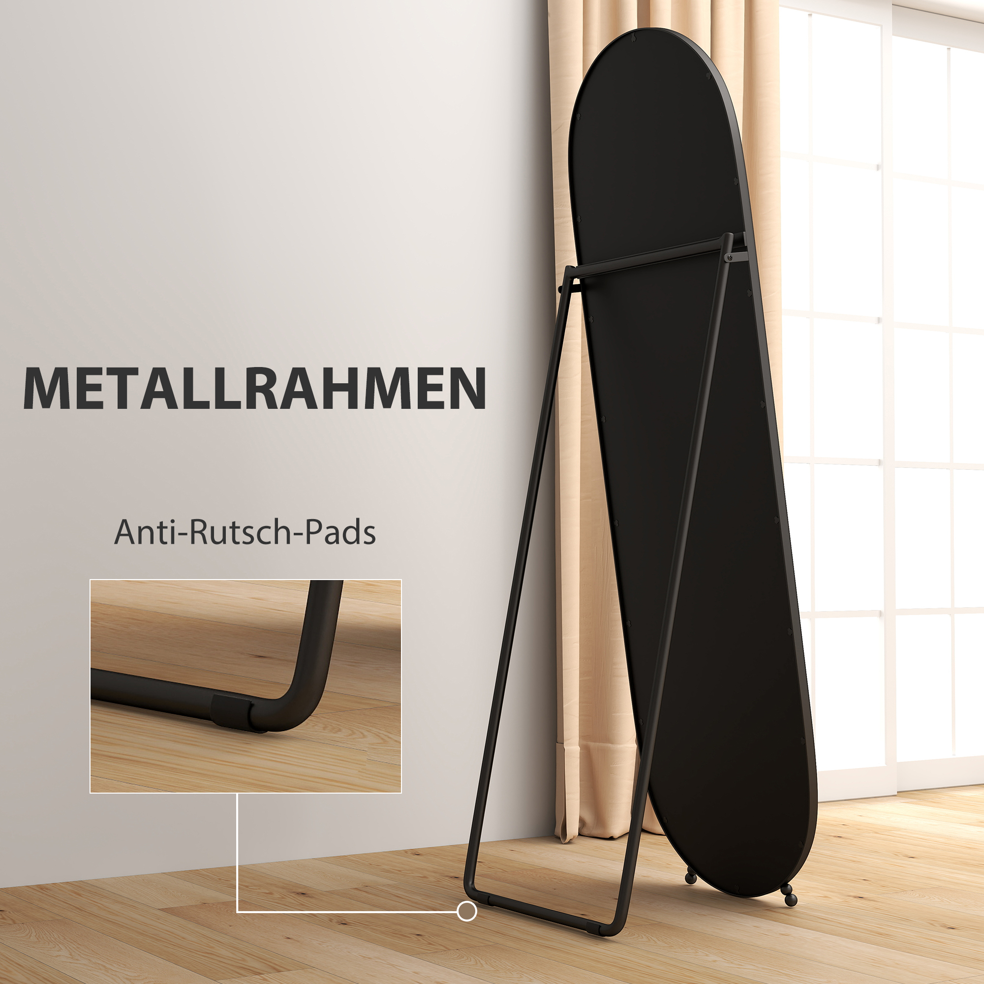 Ganzkörperspiegel, ovale Form, freistehend, Metallrahmen, 40x160cm, Schwarz