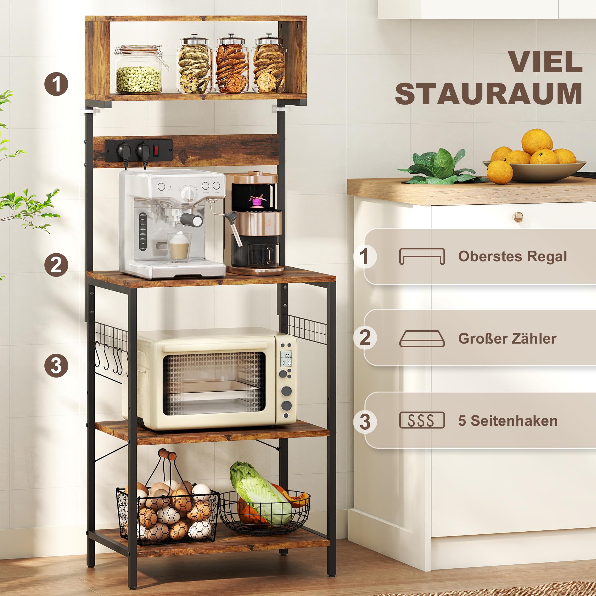 Küchenregal, Standregal mit 5 S-Haken, 5 Ablagen, Steckdose, aus Stahl, Rustikal-Braun, 60 x 42 x 153 cm