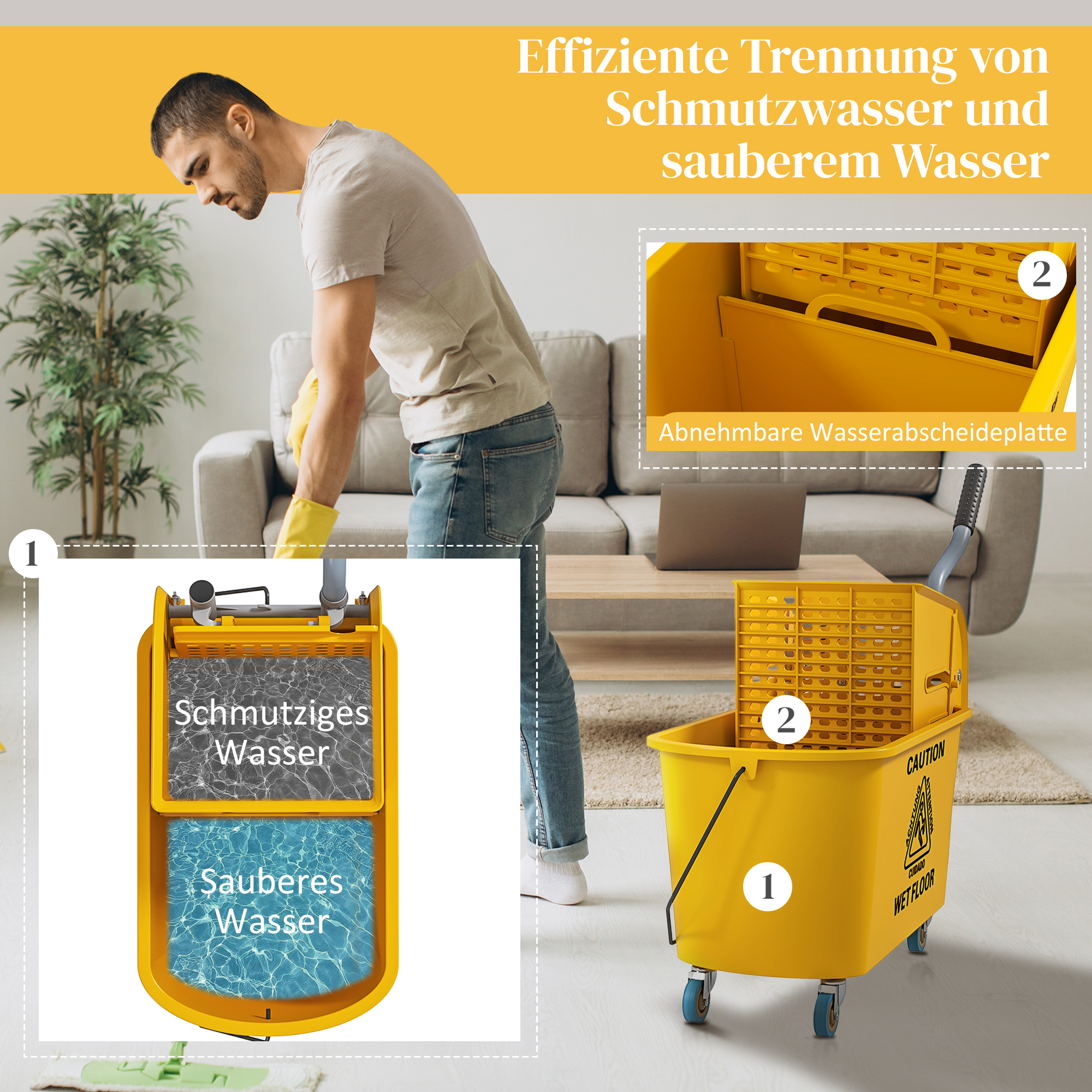 Reinigungswagen 20L Putzwagen mit Presse und Kehrgarnitur, Eimer inkl. Mopp, Rolle