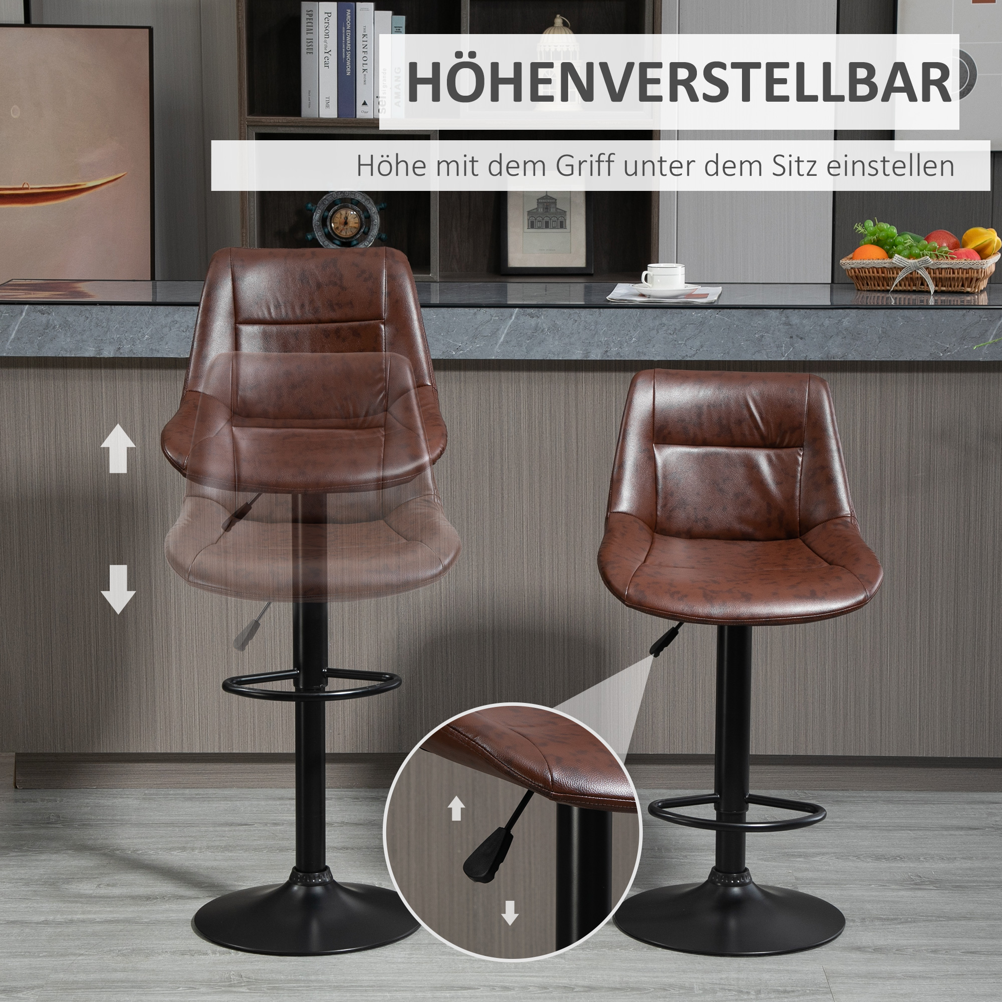 2er-Set Barhocker Barhocker Barstühle, höhenverstellbar, inkl, Fußstütze, 46,5cm x 50cm x 108cm, Schwarz + Braun