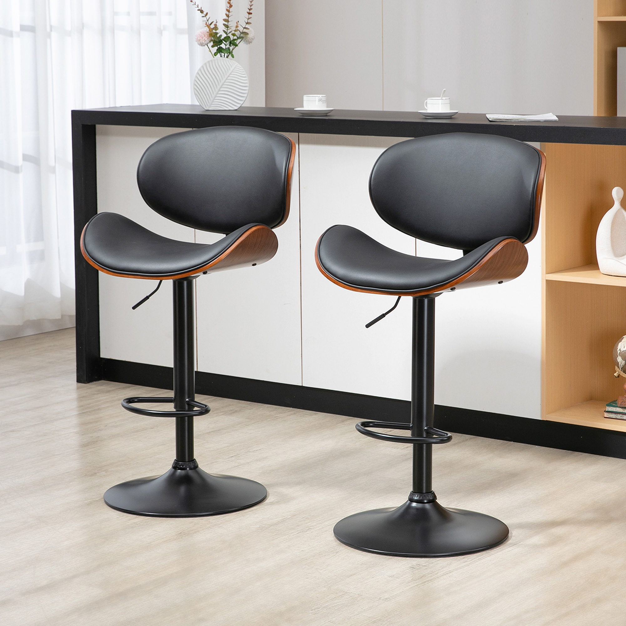 Barhocker-Set, höhenverstellbar, drehbar, Kunstleder, Stahlrahmen, schwarz, 53 x 50,5 x 112,5 cm