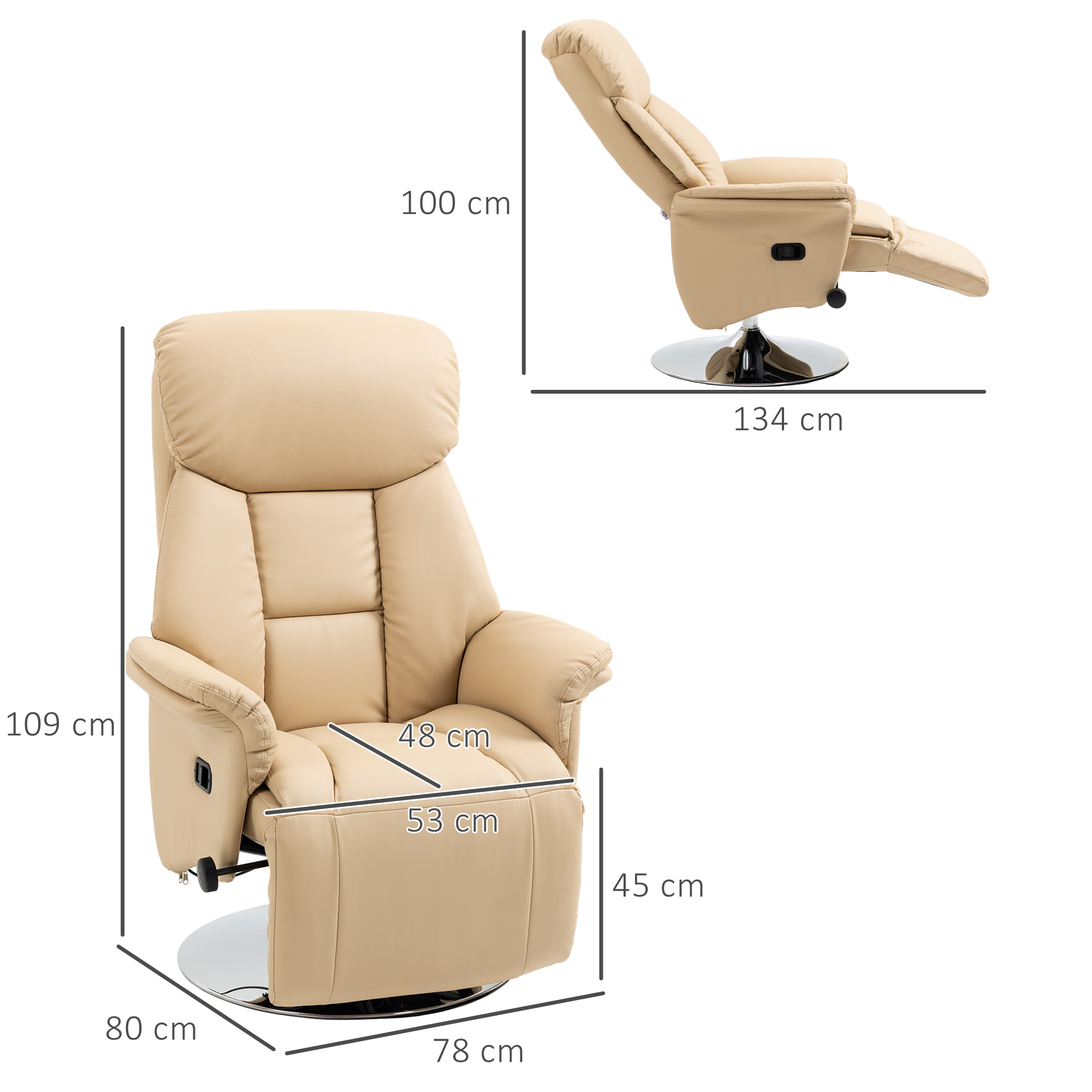 Relaxsessel, Liegefunktion, Lederoptik, Fußstütze, bis 150 kg, 78 x 80 x 109 cm, Beige