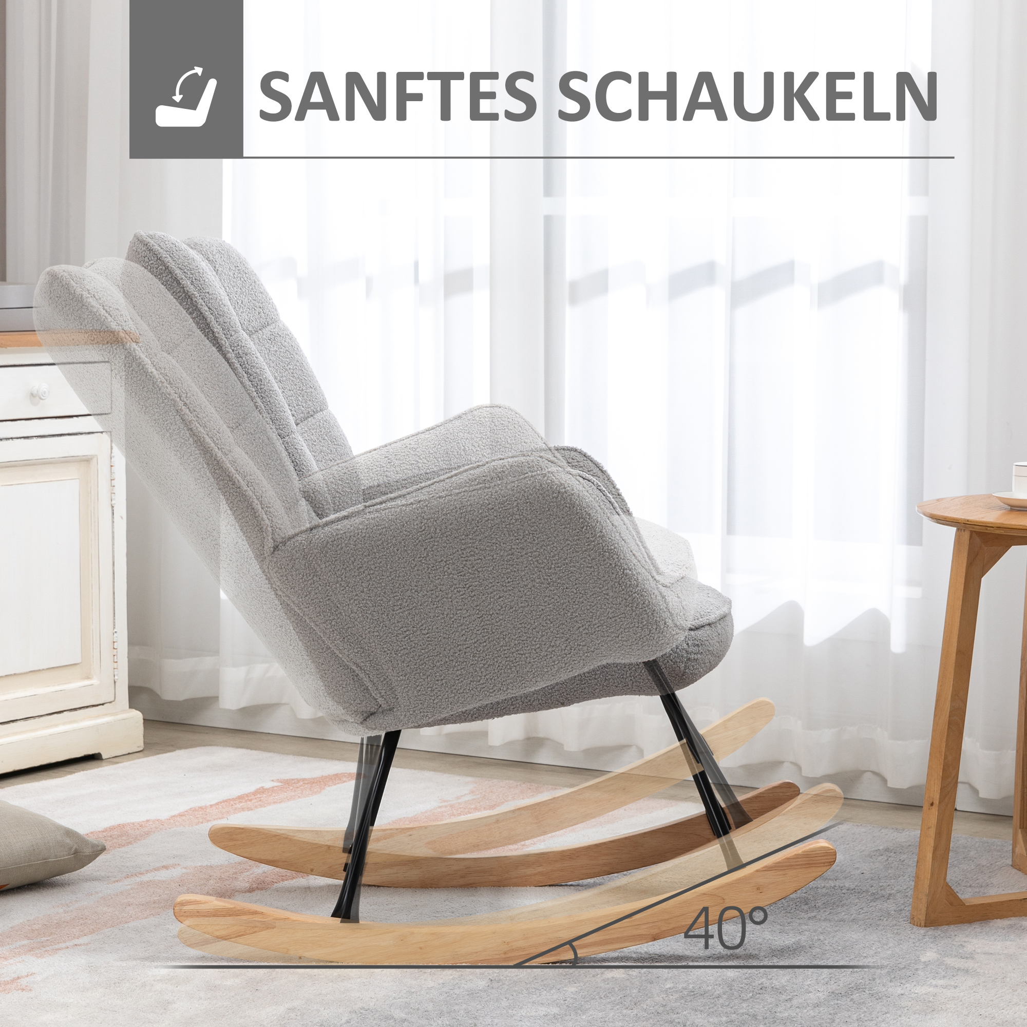 Schaukelstuhl im Retro-Design, Massivholz, Schwingsessel, 71 cm x  92 cm x 101 cm, Hellgrau