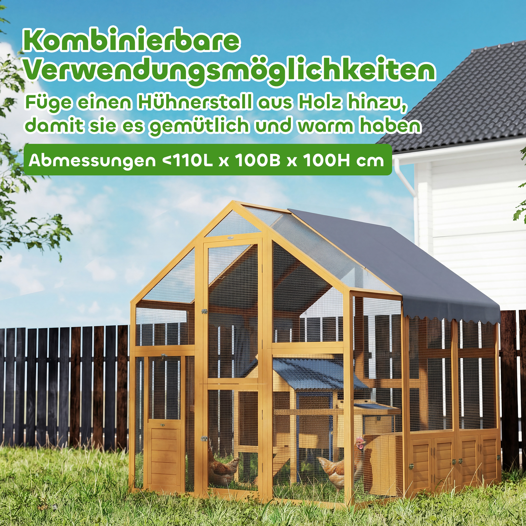 Hühnerstall 3,07㎡ Freilaufgehege Holz mit wasserdichtem Tuch, Sicherheitsschloss, für 6-8 Hühner 1,7 x 1,8 x 1,8 m