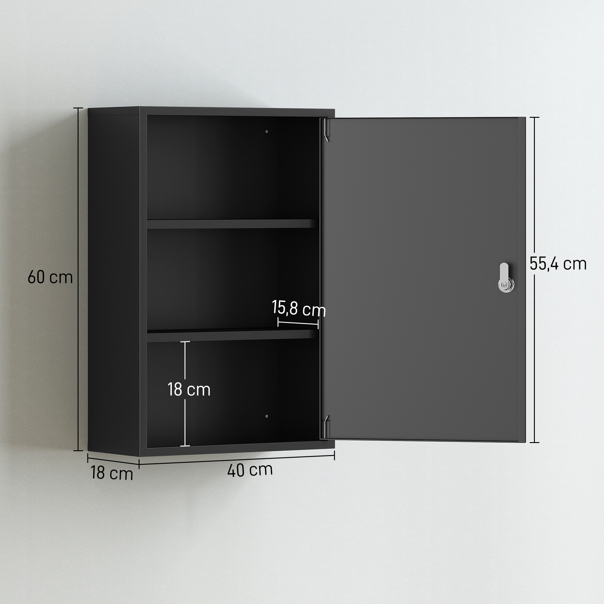 Wand-Medizinschrank, Badezimmerschrank mit 3 Regalböden, 2 Schlüsseln, 40 x 18 x 60 cm, Schwarz