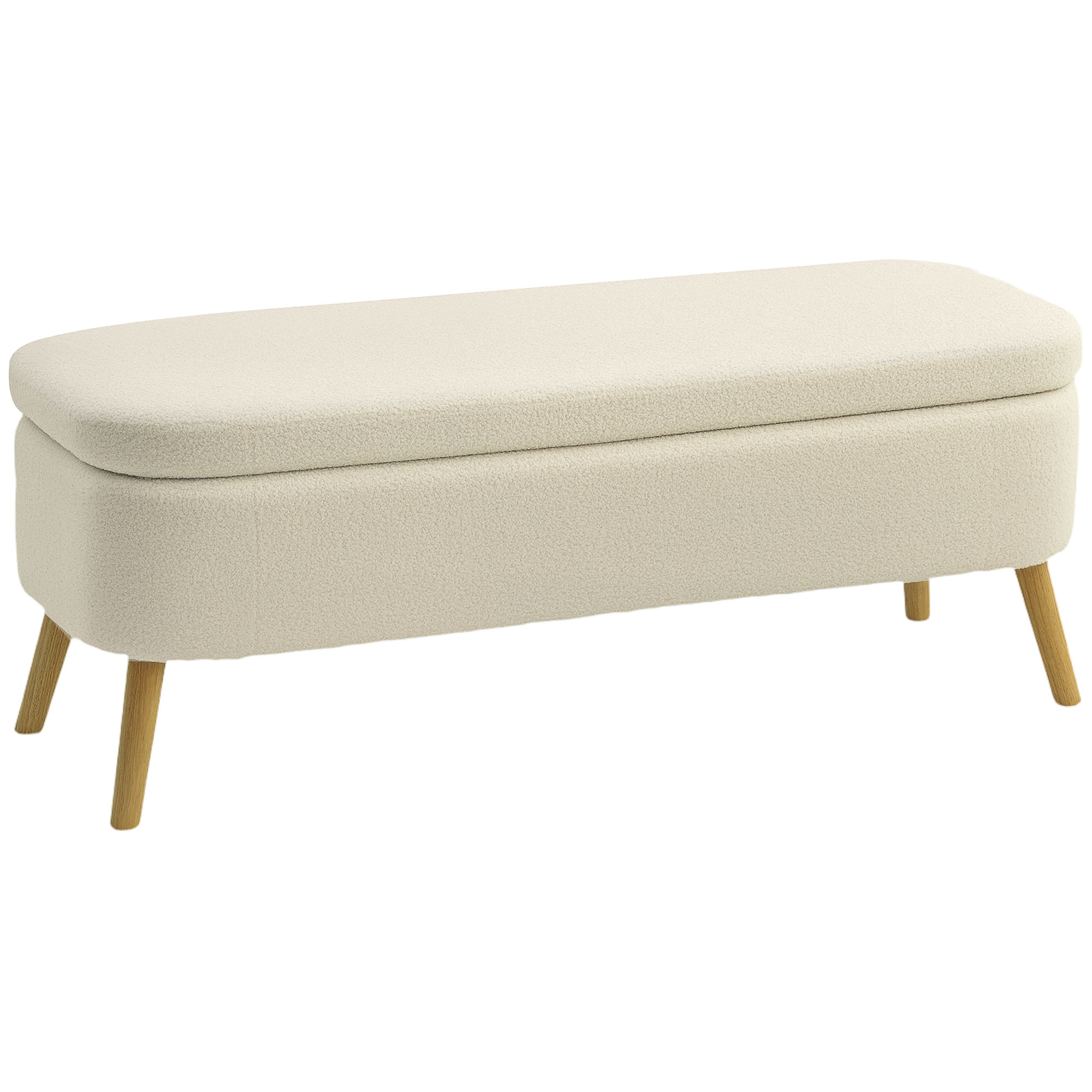 Aufbewahrungsbank, Sitzbank mit 65 L Stauraum, Teddy-Fleece-Stoff, Kautschukholz, 120 x 42 x 45 cm, Beige