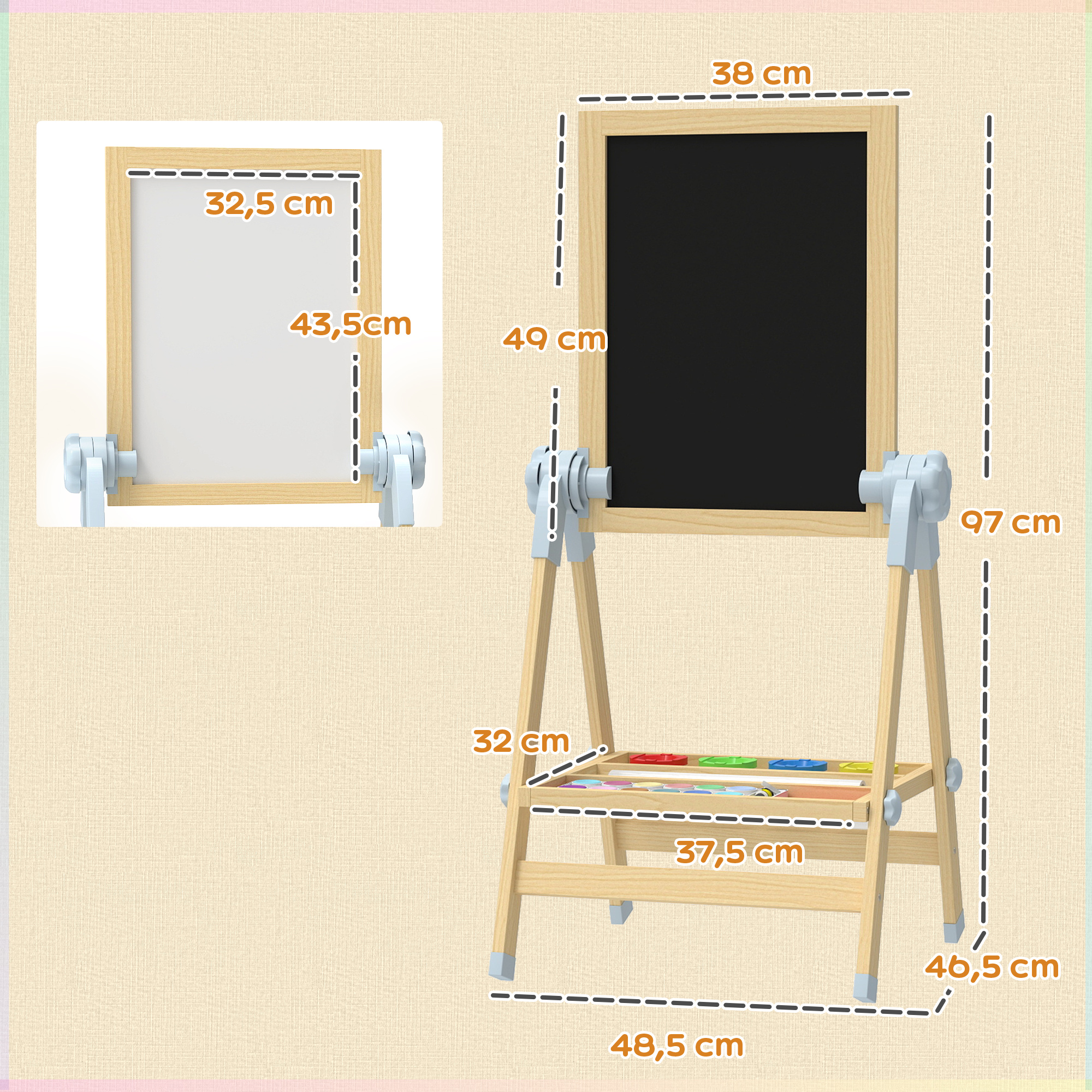 Kinder Staffelei aus Holz, Doppelseitige Whiteboard und Tafel Höhenverstellbar Standtafel mit Papierrolle, Ablage, Natur