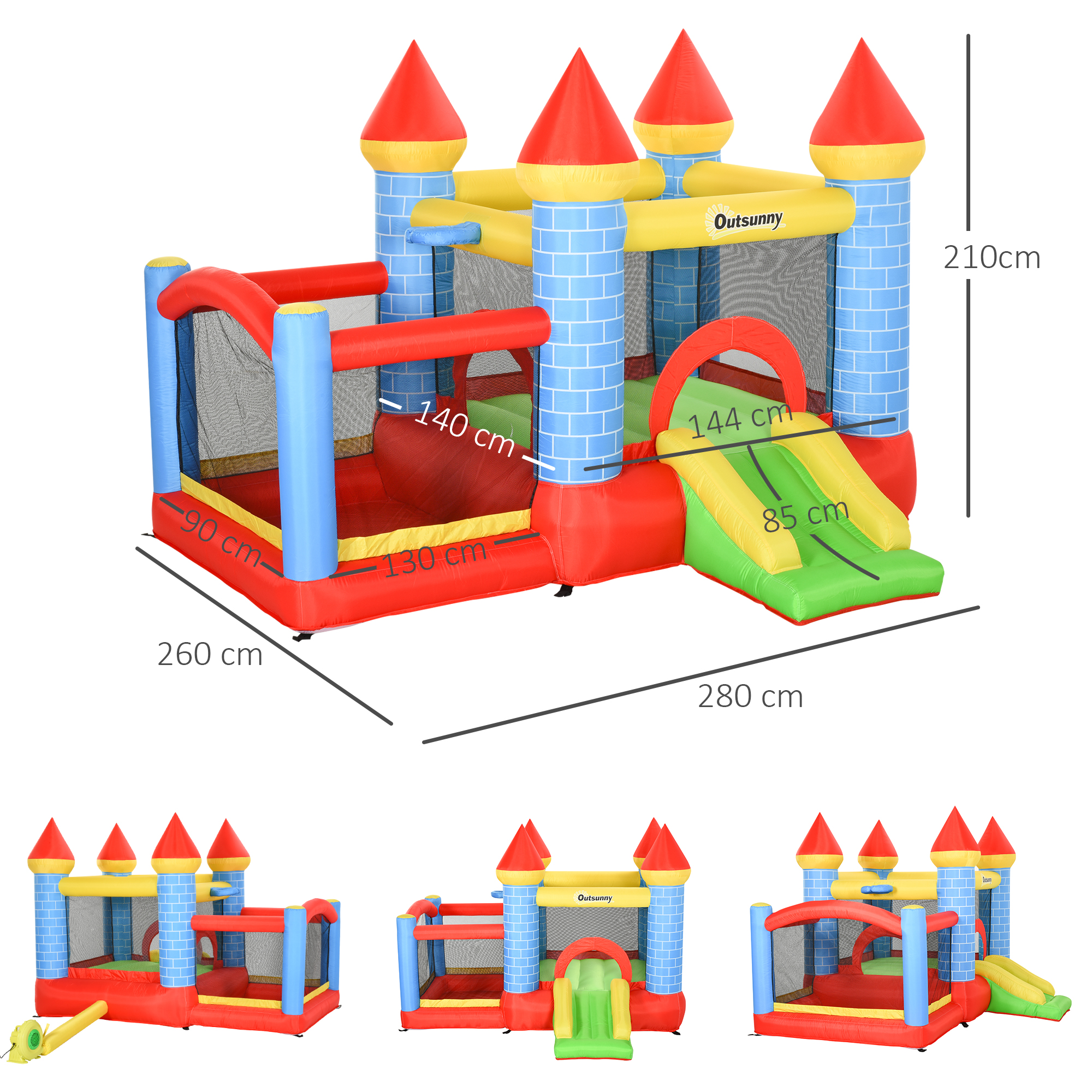 Aufblasbare Hüpfburg mit Rutsche Pool für 3 Kinder Burg mit Gebläse für 3-8 Jahre Rot+Blau+Grün 280 x 260 x 210 cm