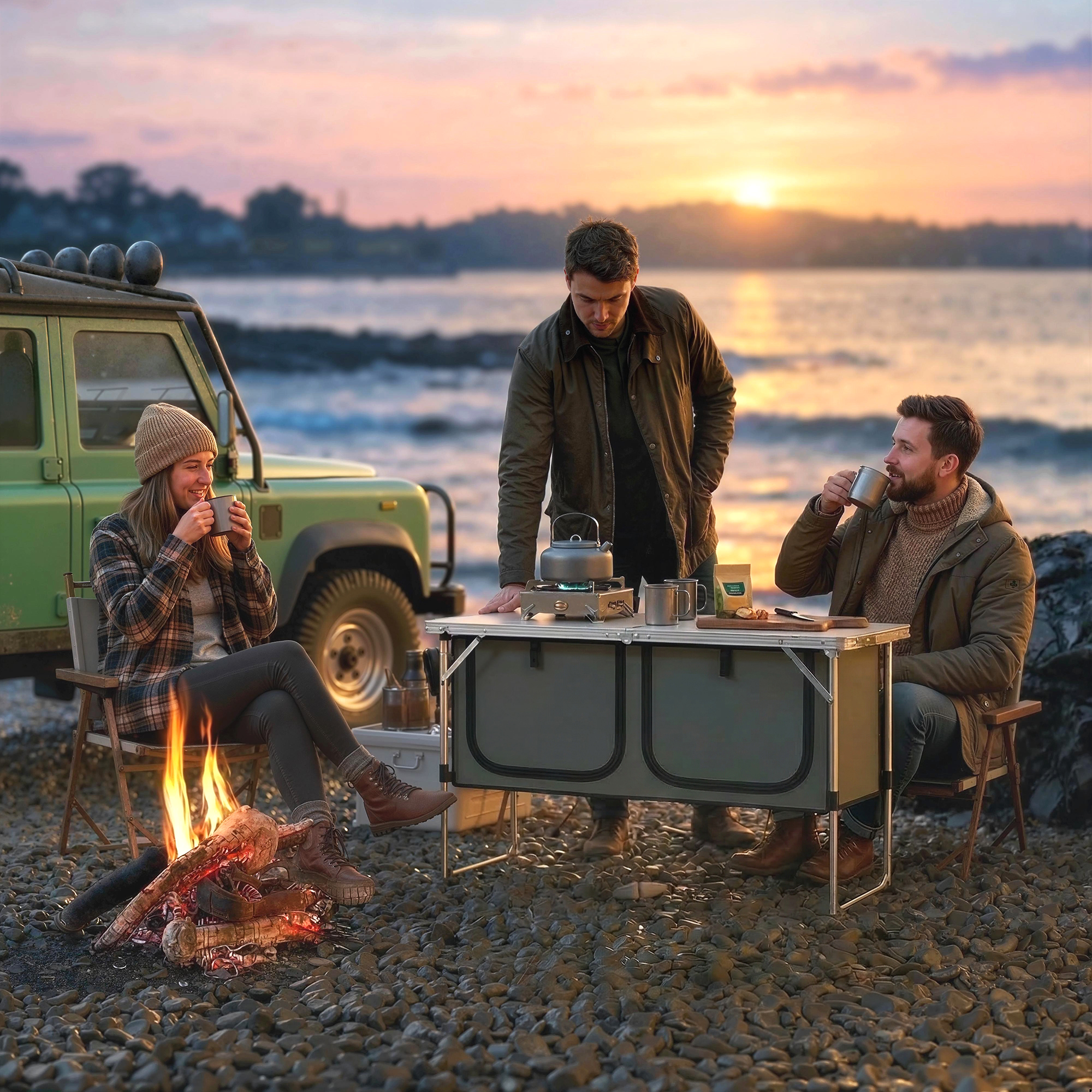 Camping Küche faltbar Campingschrank mit Aluminiumgestell Staufach Arbeitsplatte für Camping Reisen Silber