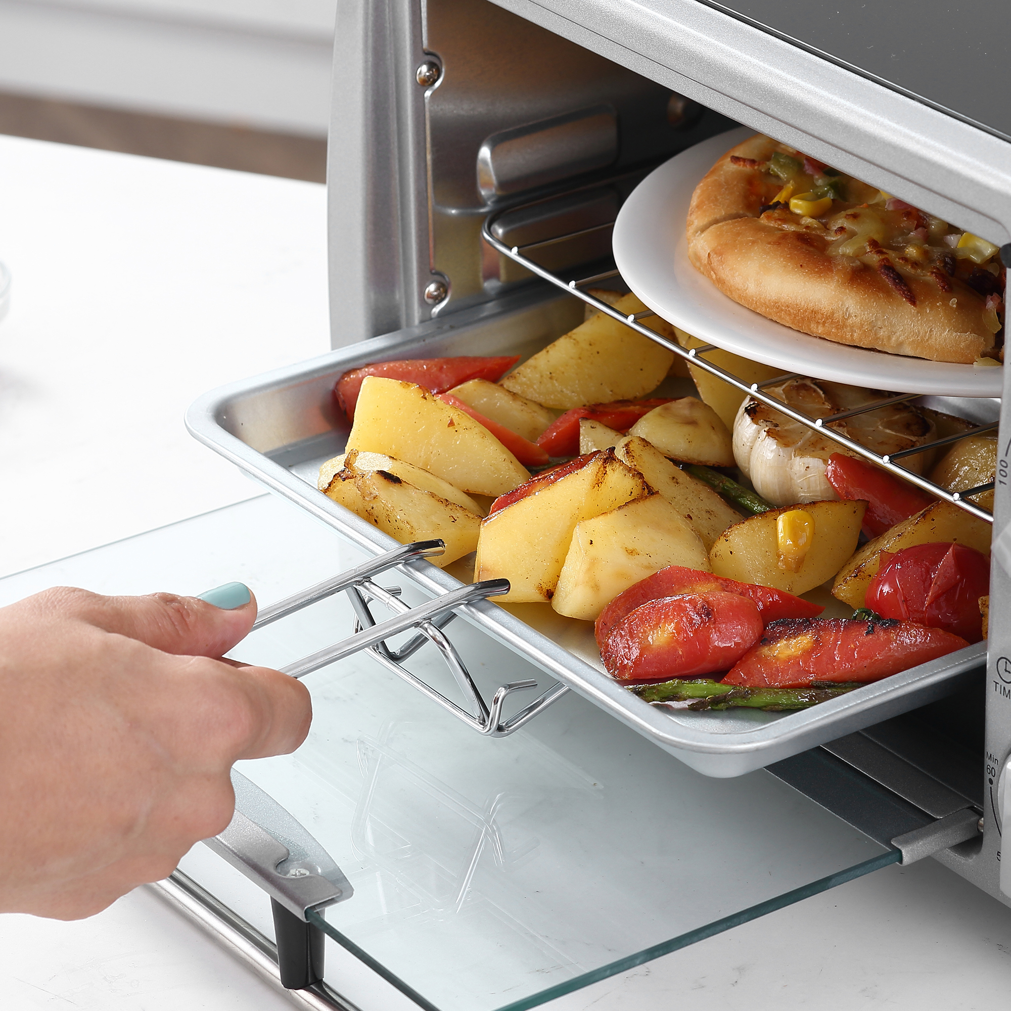 Mini Backofen 10 L 750W 100-230? 60 Min, Timer mit Backblech, Grillrost und Herausnehmbarer Bodenschale, Pizza-Ofen Silber