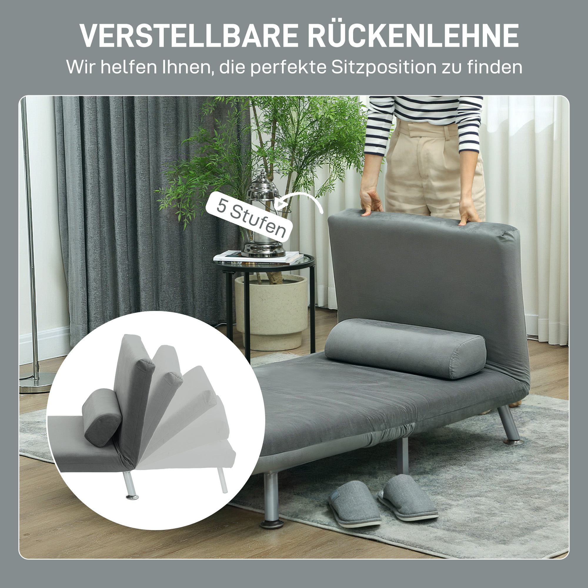 Klappsessel mit Bettfunktion, klappbarer Relaxsessel in Samtoptik, Verstellbare Rückenlehne, 75 x 70 x 75 cm, Grau