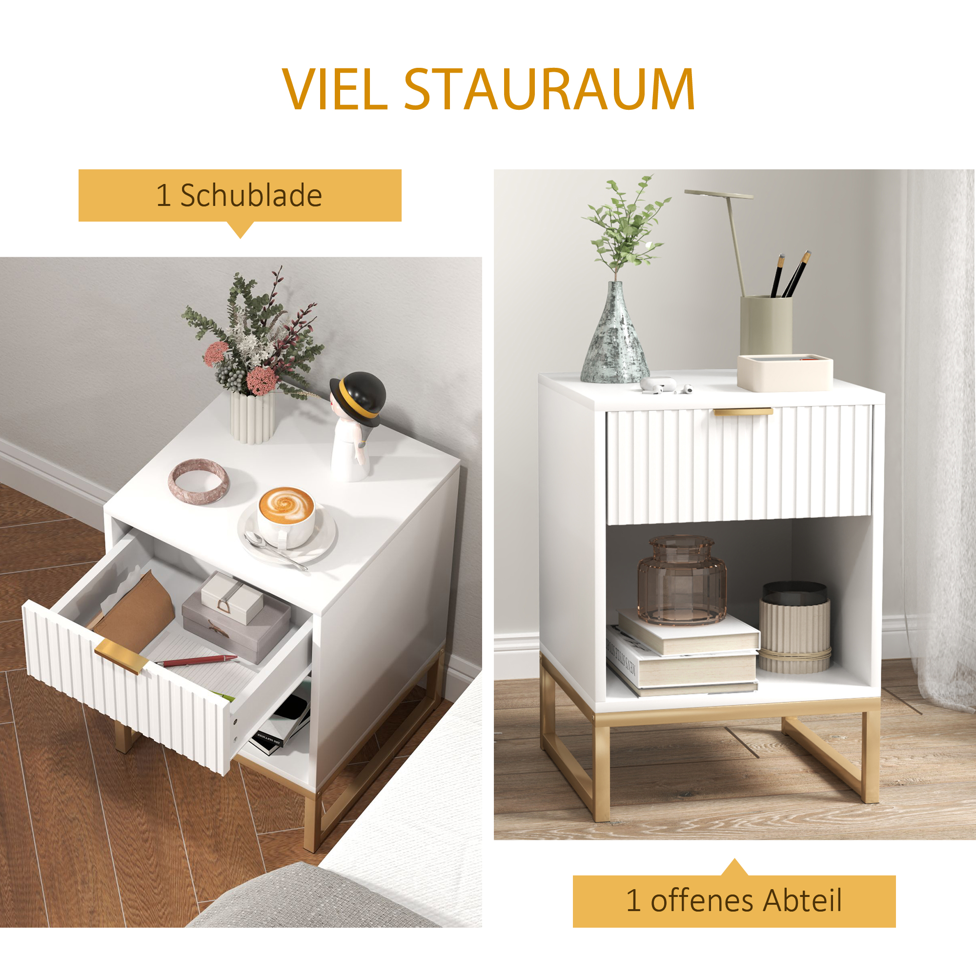 Nachttisch mit Schublade und Regal, Stauraum und Metallbeinen, für Schlafzimmer, Wohnzimmer, Weiß