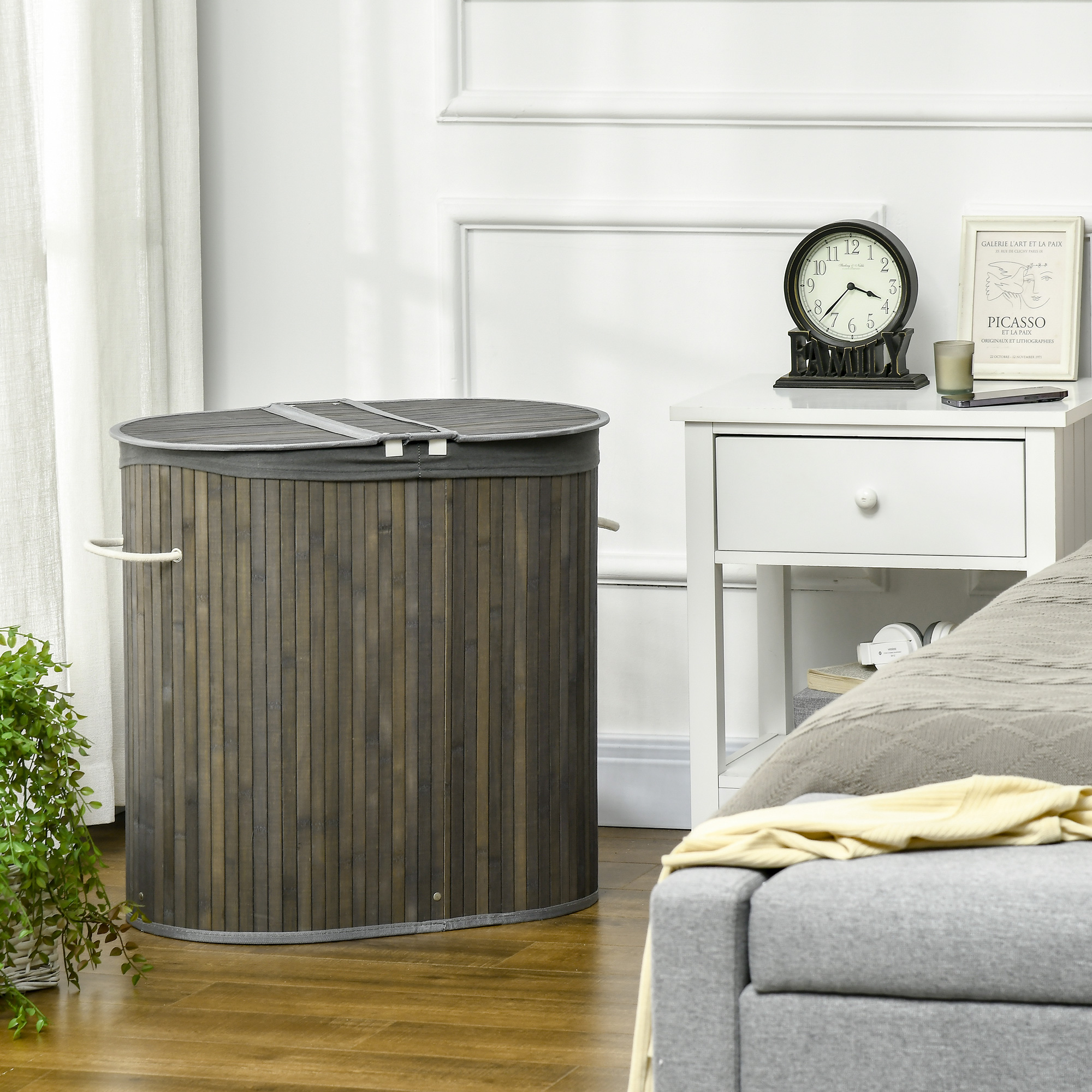 100 L Wäschekorb mit Deckel, Griff, 2 Abschnitte, herausnehmbarer Wäschesack, für Schlafzimmer, Badezimmer, Bambus, Grau