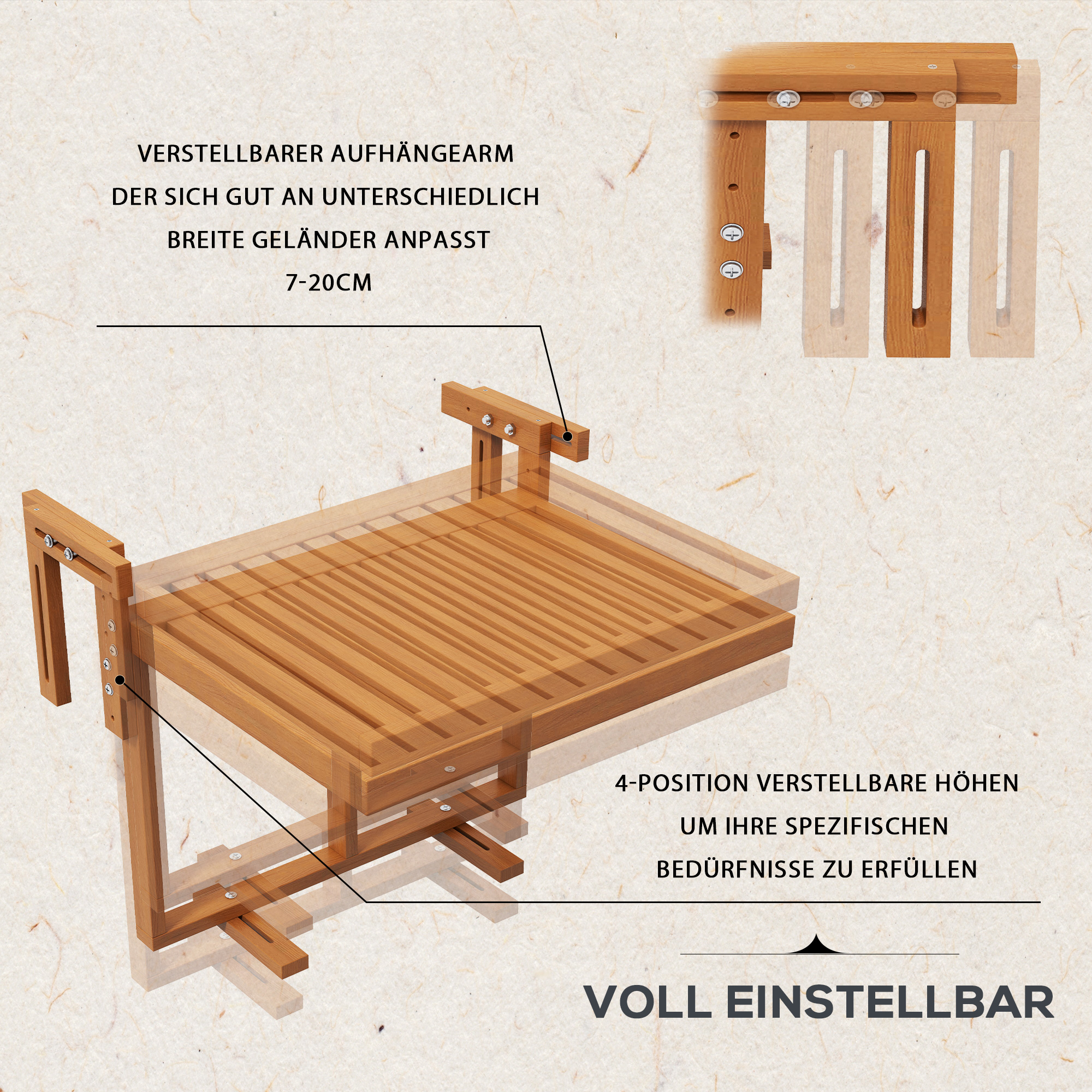 Balkontisch Klapttisch Gartentisch Outdoor-Klapptisch, wetterbeständig, höhenverstellbar, 68 cm x 65 cm x 55 cm, Teak
