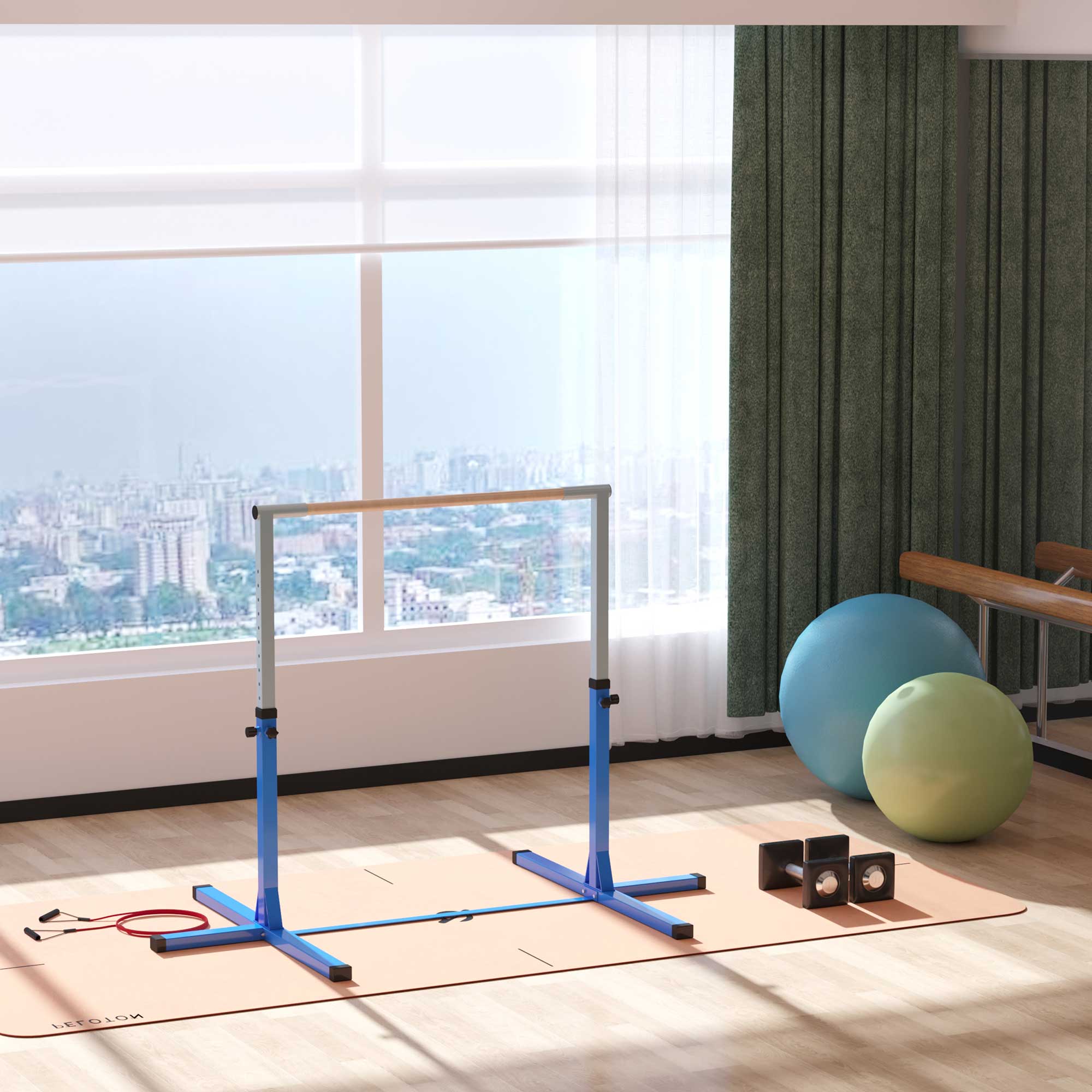 Gymnastik-Turnreck, 13-stufig höhenverstellbar Reckstange, Reck Turnstange aus Holz & stabile Stahlkonstruktion bis 75 kg belastbar, für 3+ Kinder, Indoor, Outdoor, Blau