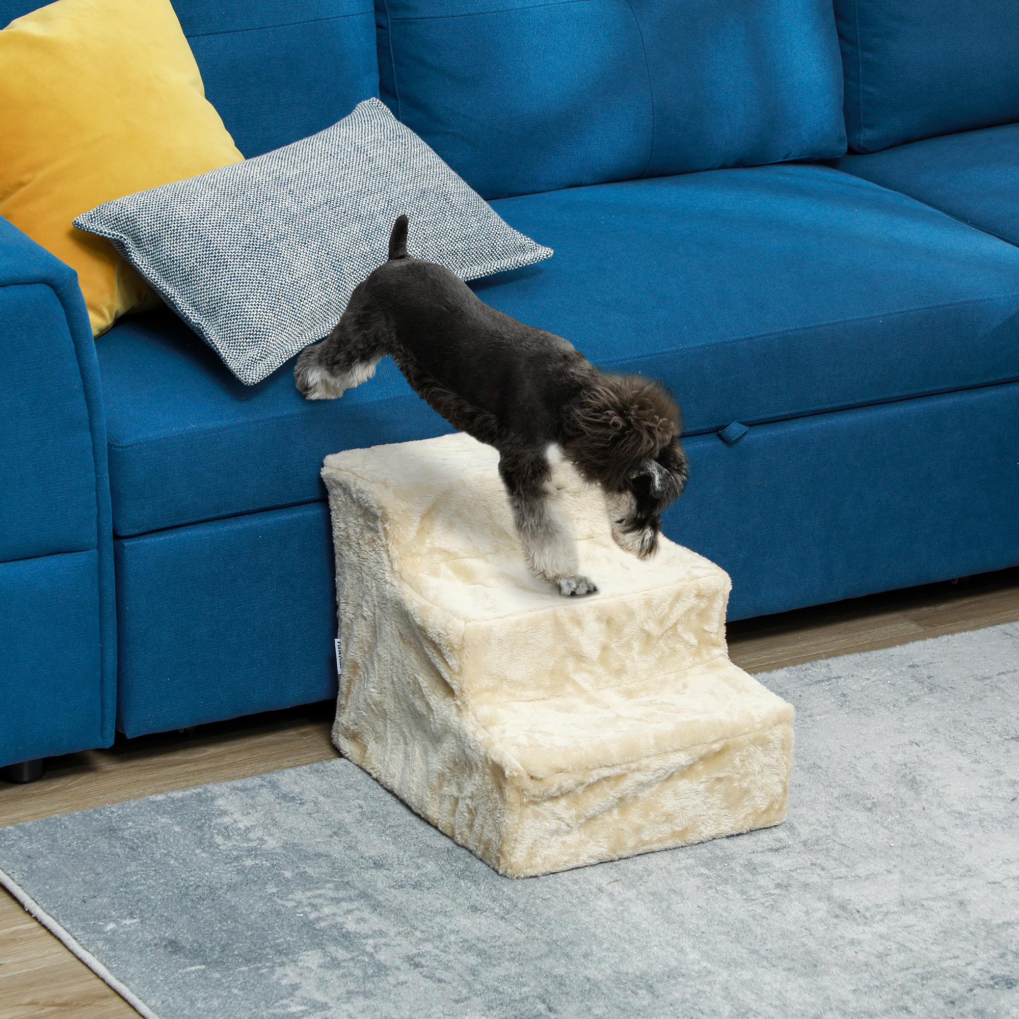 Faltbare Haustiertreppe, 3 Stufen, waschbarer Plüschbezug, Spanplatte, 46 x 35 x 35 cm, Beige