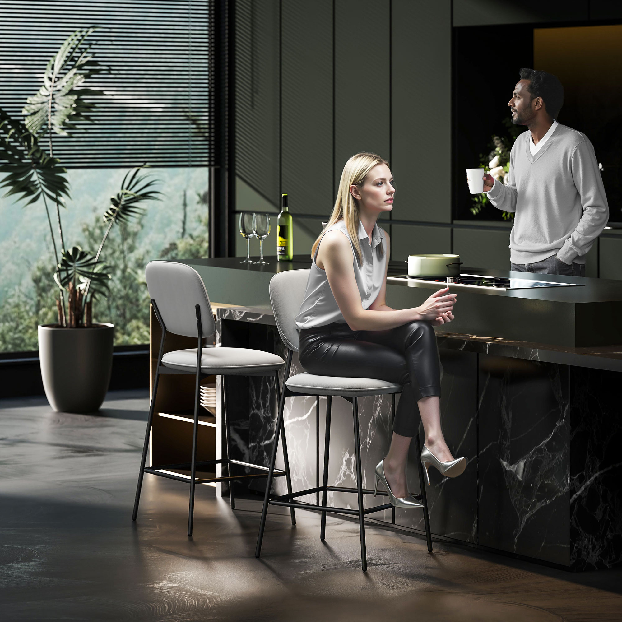 2er-Set Barhocker, Bistrohocker mit Fußstütze, Samt-Bezug, Stahlbeinen, für Esszimmer, 45 x 49 x 102 cm, Hellgrau