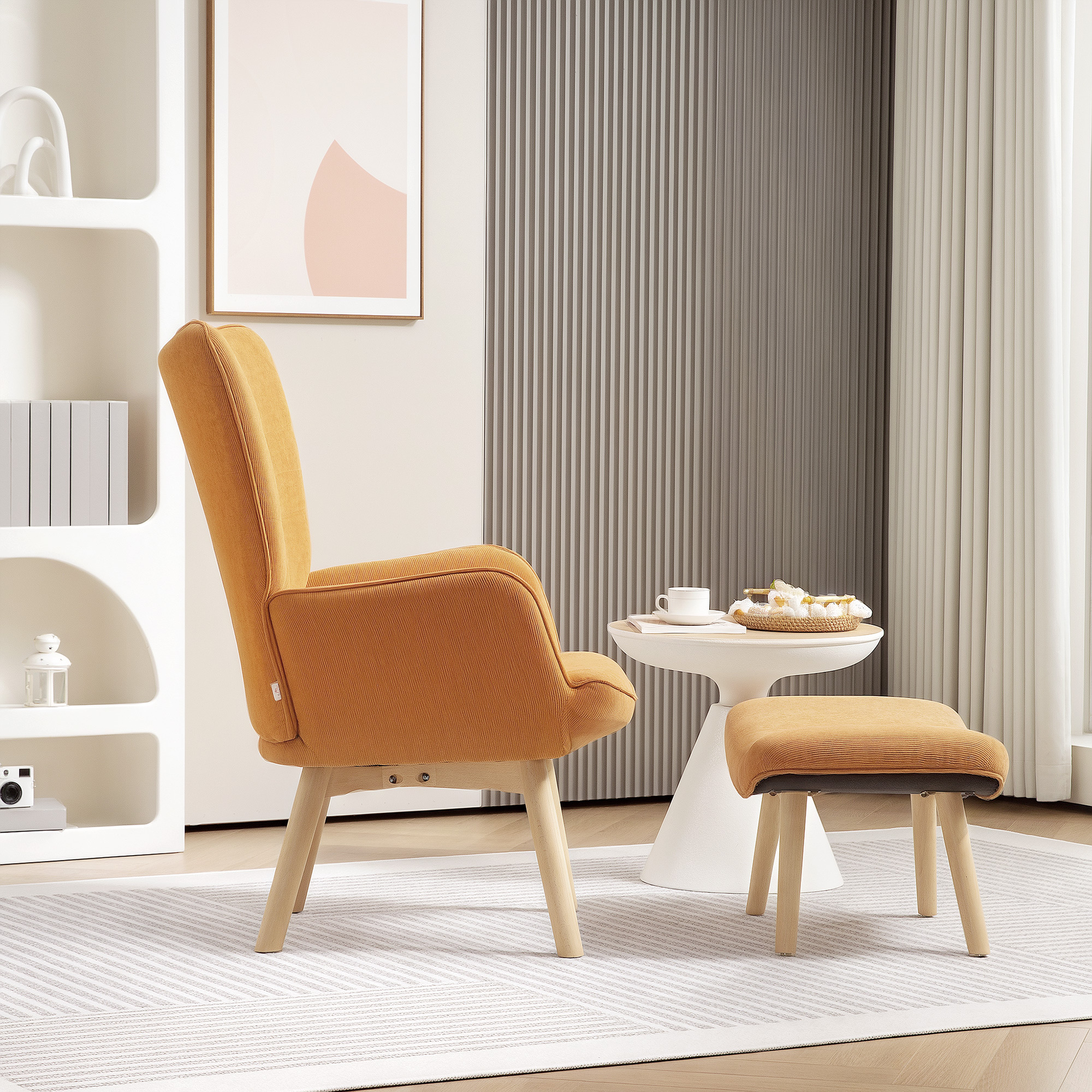 Akzentsessel mit Hocker, Relaxsessel in Cord-Optik, Armlehnstuhl mit Holzbeinen, für Wohnzimmer, Braun