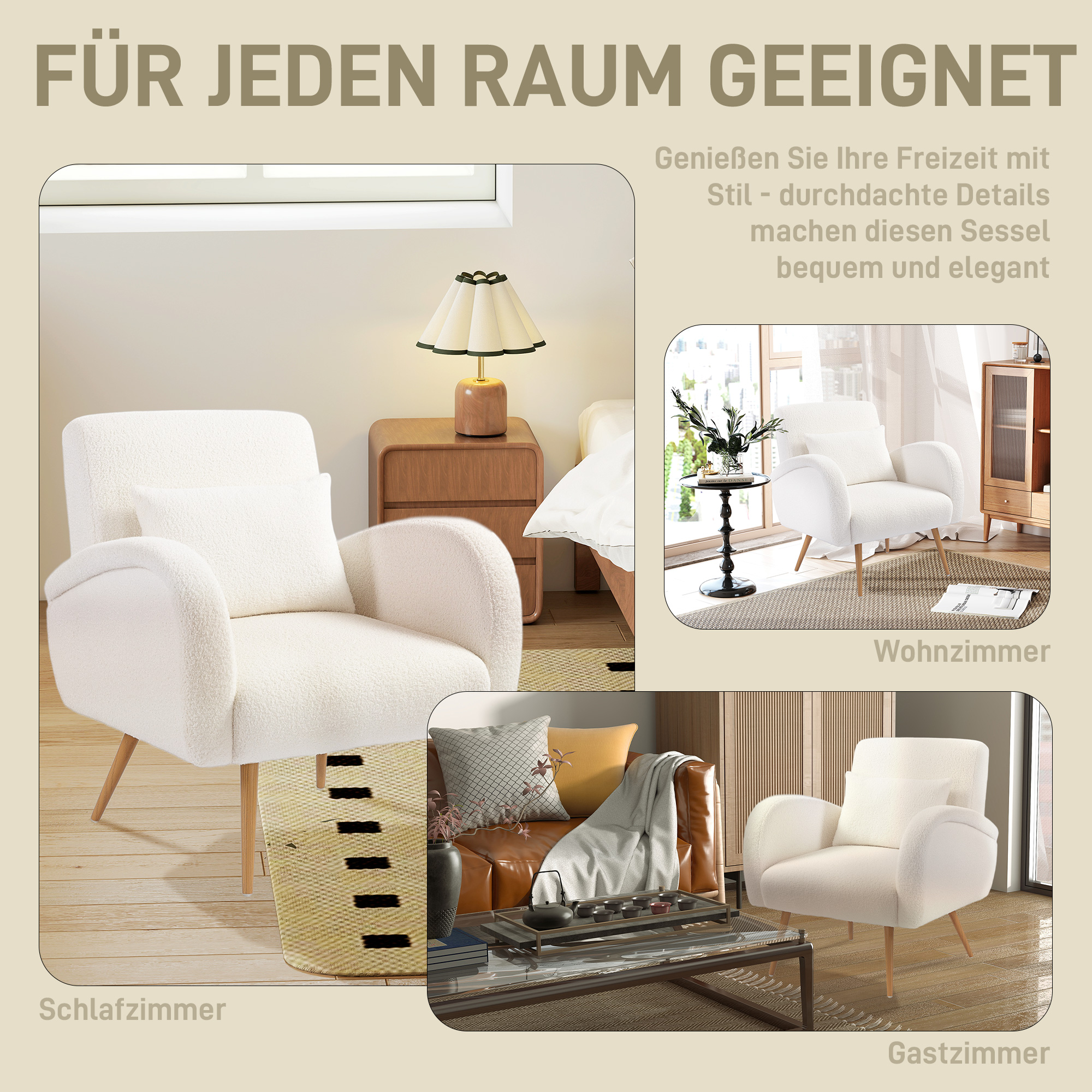 Polstersessel, Fleece-Bezug, gepolsterter Armlehnstuhl mit Lendenkissen, Metallbeine, Lesesessel, Cremeweiß