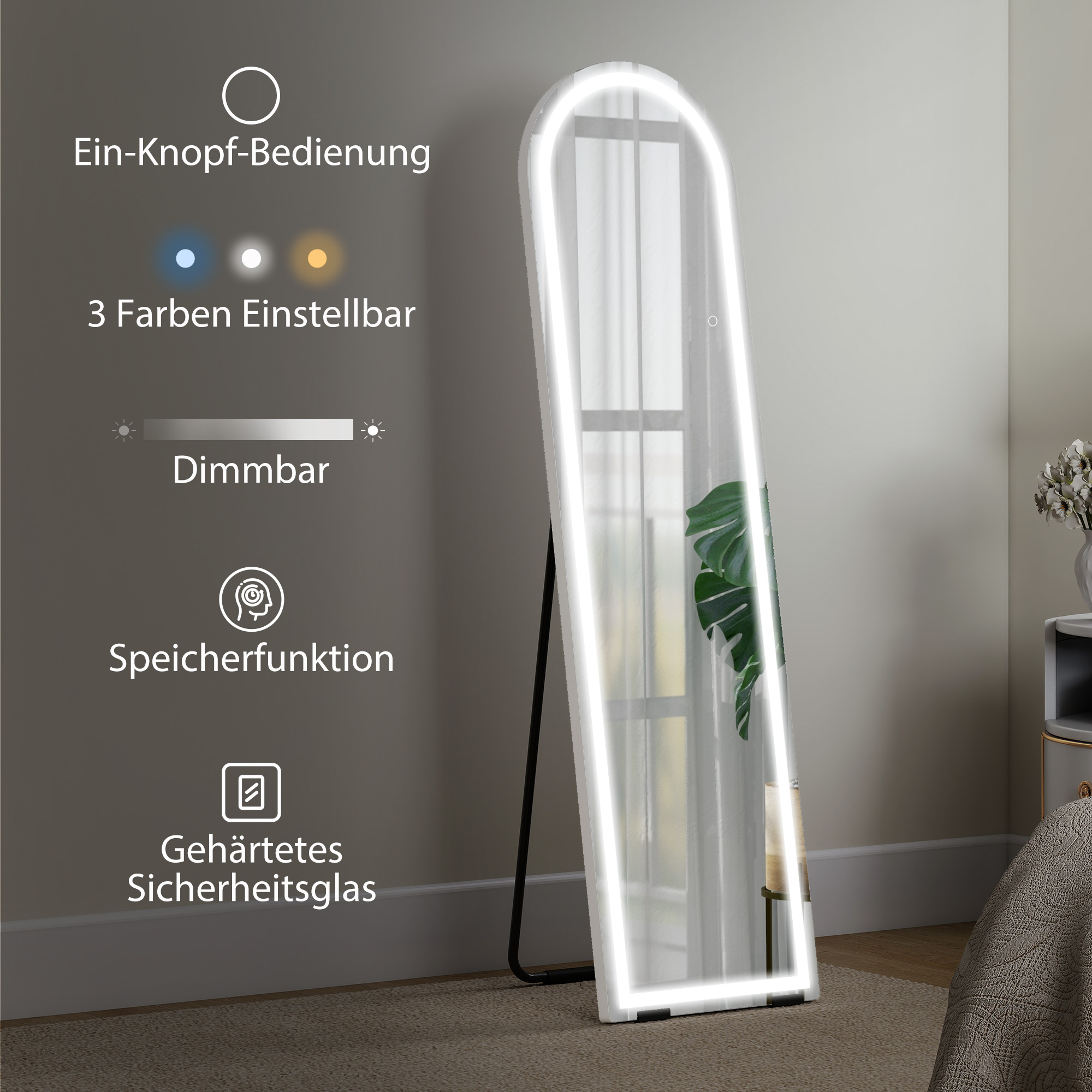 Ganzkörperspiegel mit LED-Lichtern, 150 x 40 cm, bogenförmig, dimmbar, 3 Lichtfarben, freistehend oder Wandmontage, Weiß