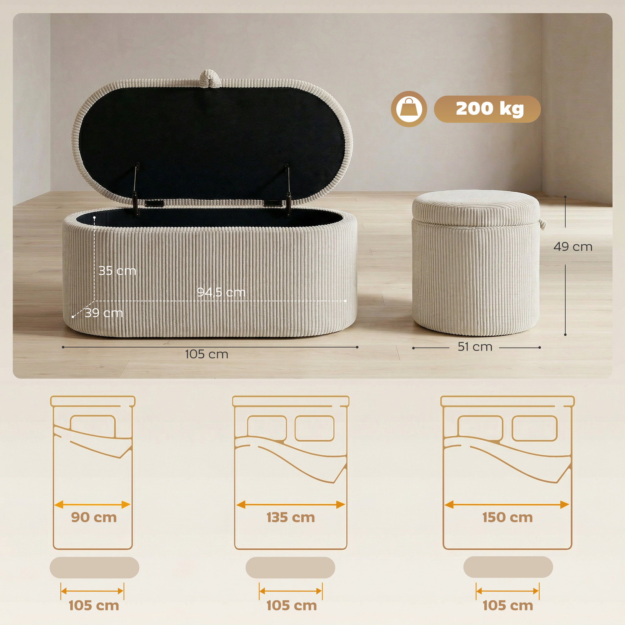 Aufbewahrungs-Ottomane, Cord-Polsterung mit gepolsterter Sitzfläche, Sitzbank am Bettende, 105 x 51 x 49 cm, Beige