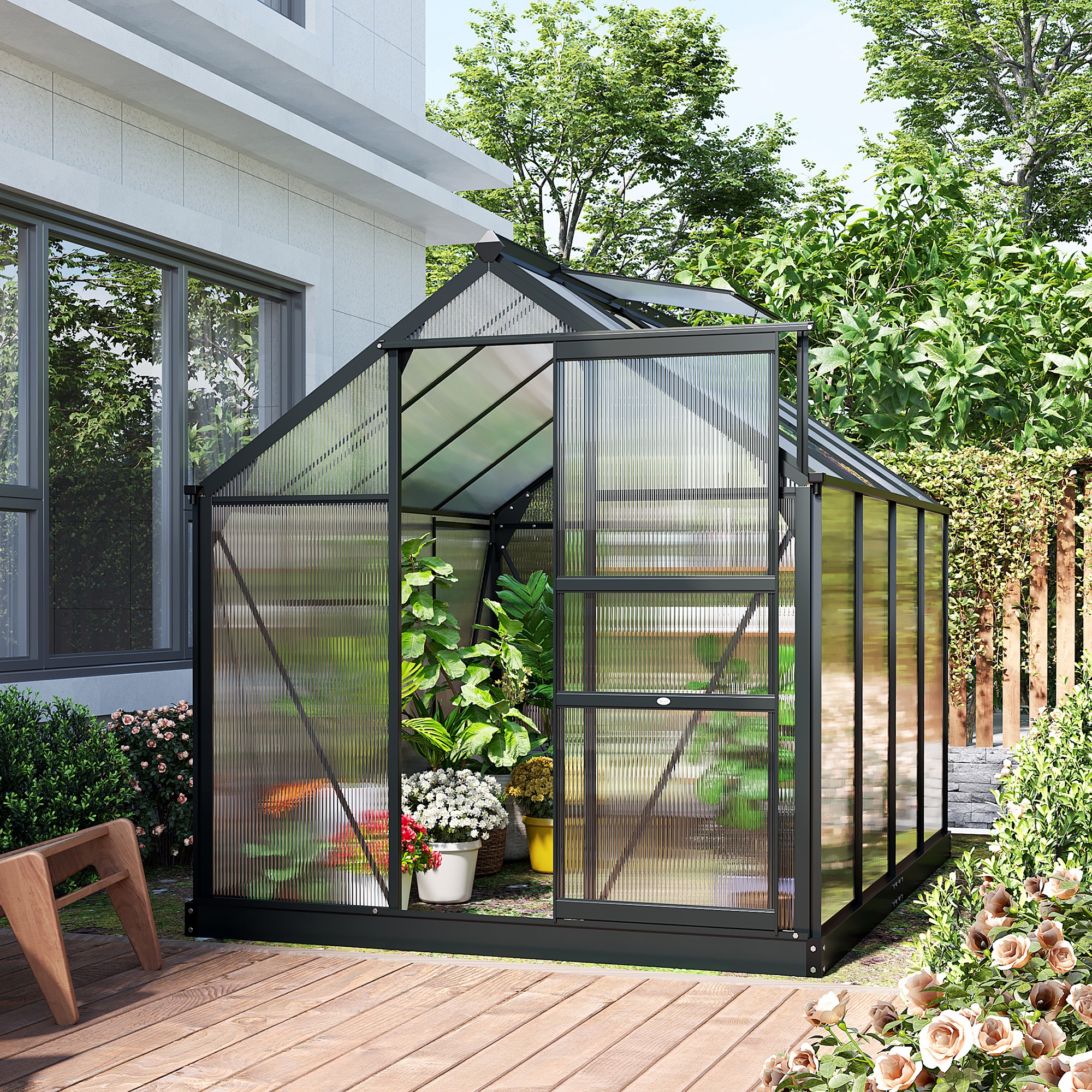 Gewächshaus, Treibhaus, mit Dachfenster, Schiebetür, transparent, Polycarbonat+Aluminium, 190 x 252 x 201cm