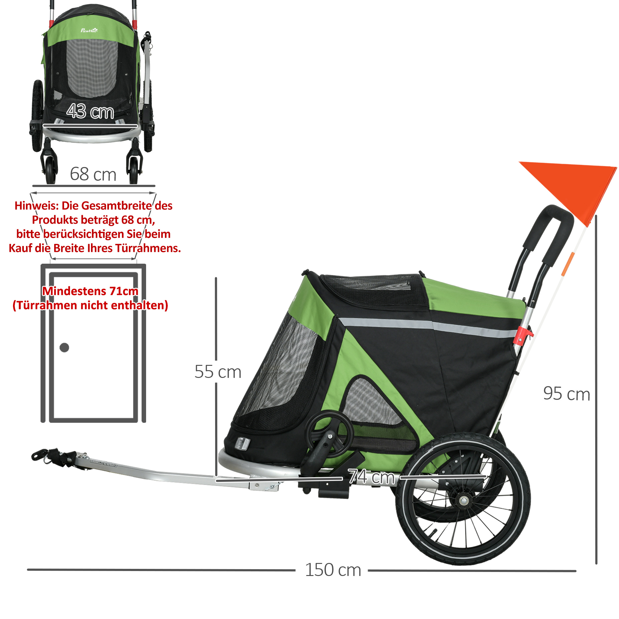 2-in-1 Hundebuggy Hundejogger Fahrradanhänger bis 20kg 2 Reflektoren 1 Sicherheitsleine 150 x 68 x 95 cm Grün